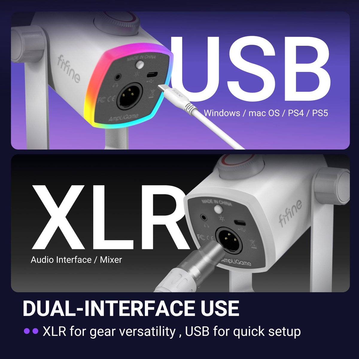 Microphone à double interface avec RVB, câble USB en haut et XLR en bas.