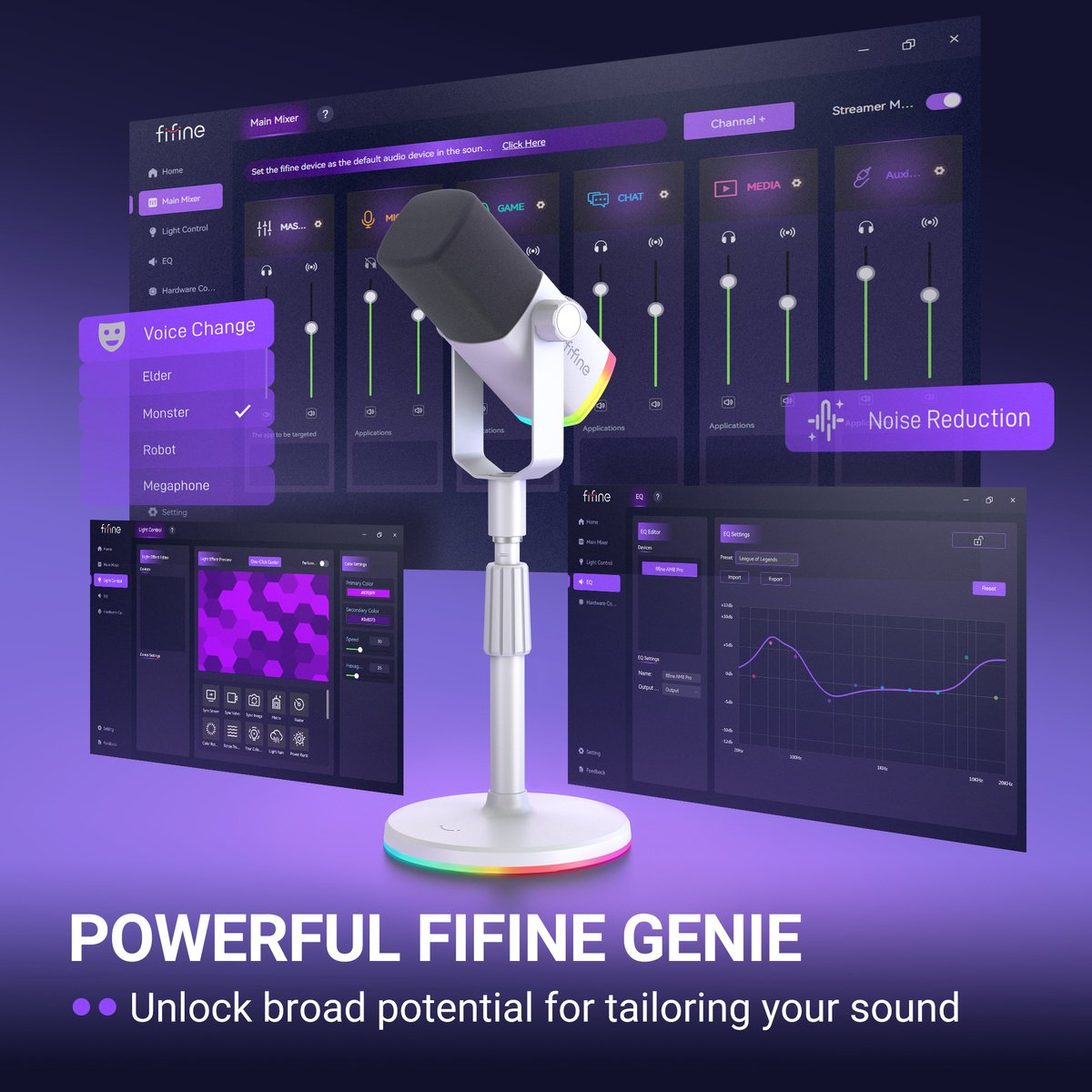 Un microphone blanc sur pied devant des panneaux de contrôle logiciels avec des accents violets et des égaliseurs.