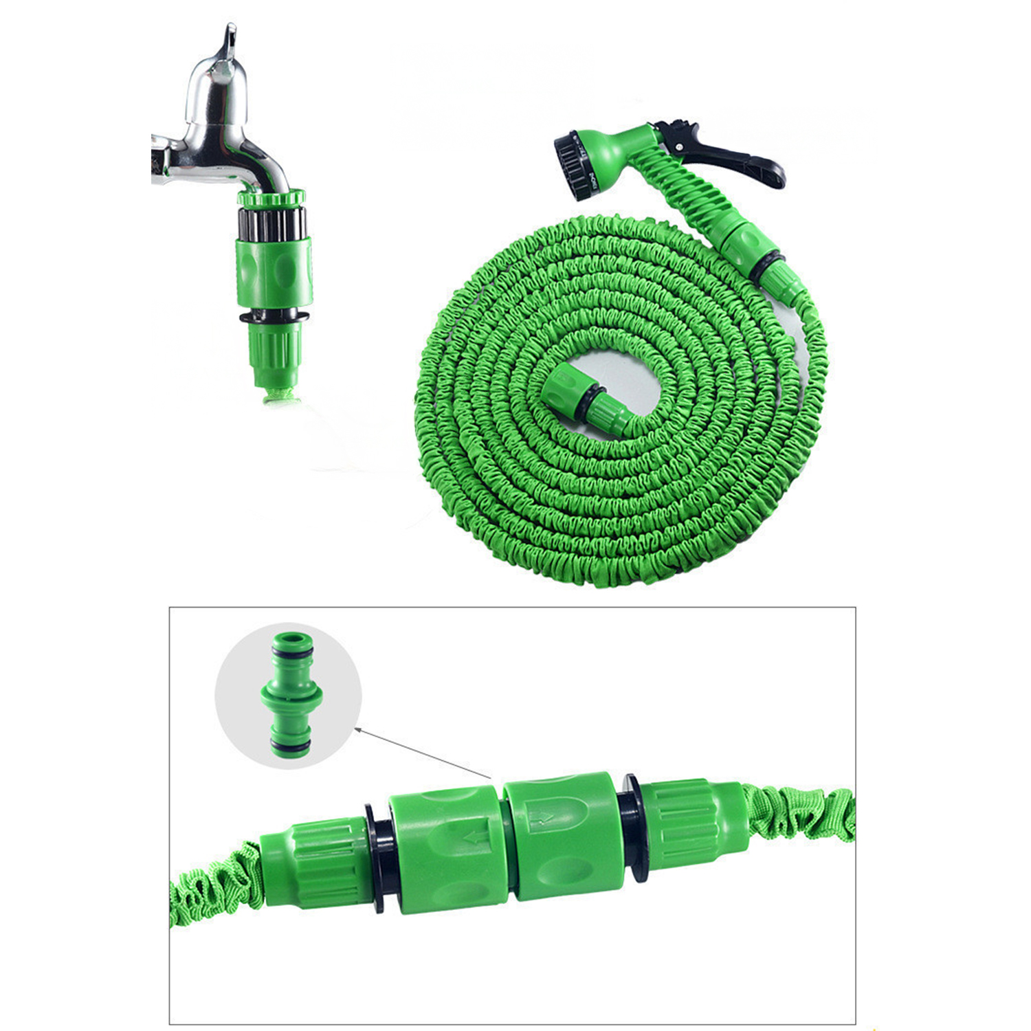 Manguera de jardín extensible verde con boquilla, conector de grifo y adaptadores.