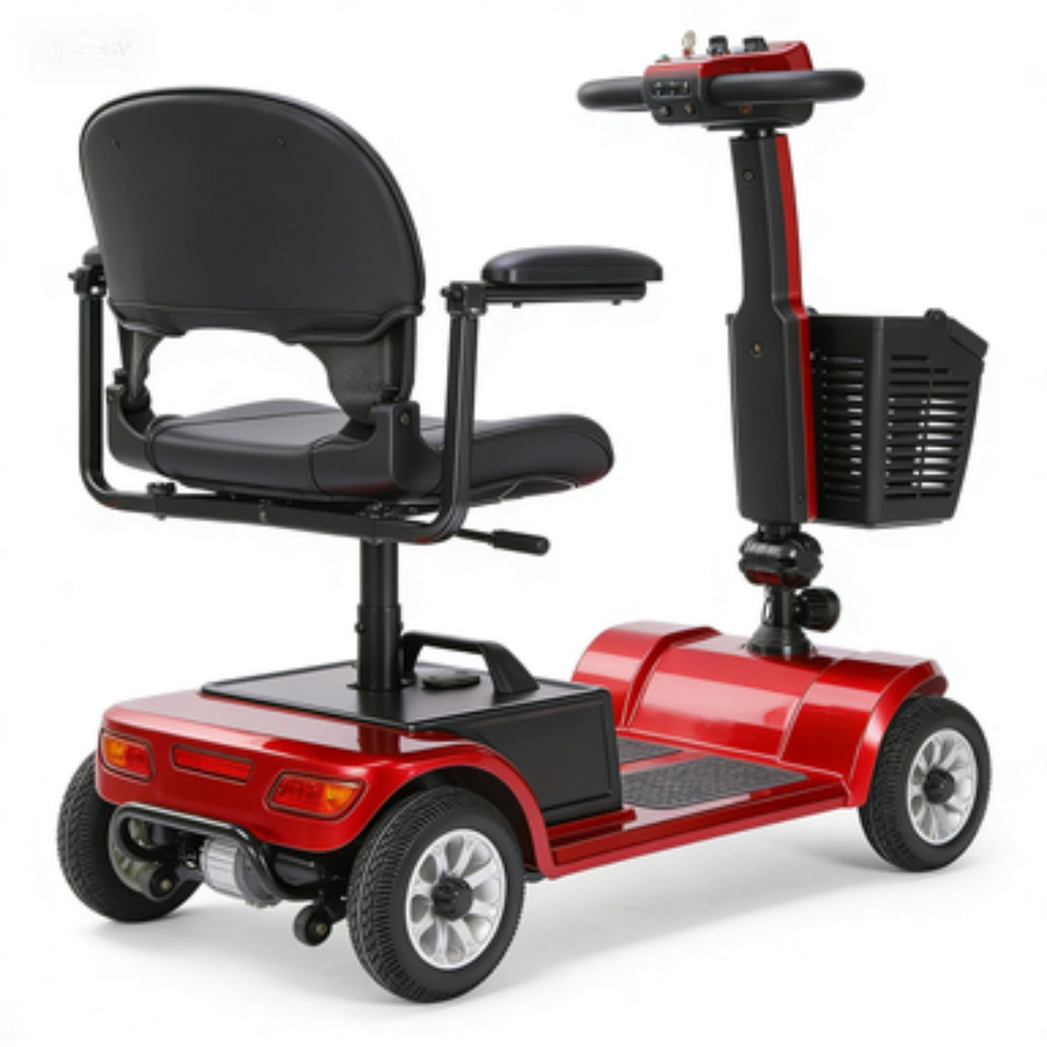 Un scooter de movilidad rojo con asiento negro, cuatro ruedas y una cesta delantera sobre fondo blanco.