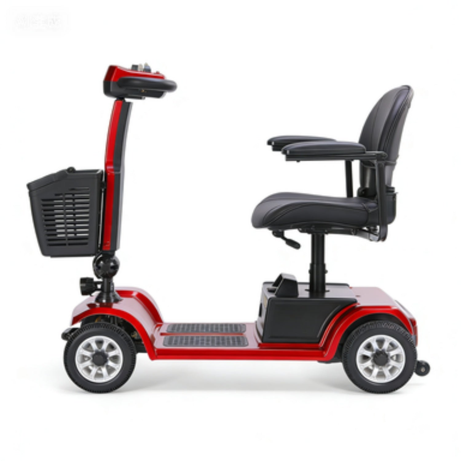 Un scooter de movilidad rojo con asiento negro y canasta delantera sobre fondo blanco.