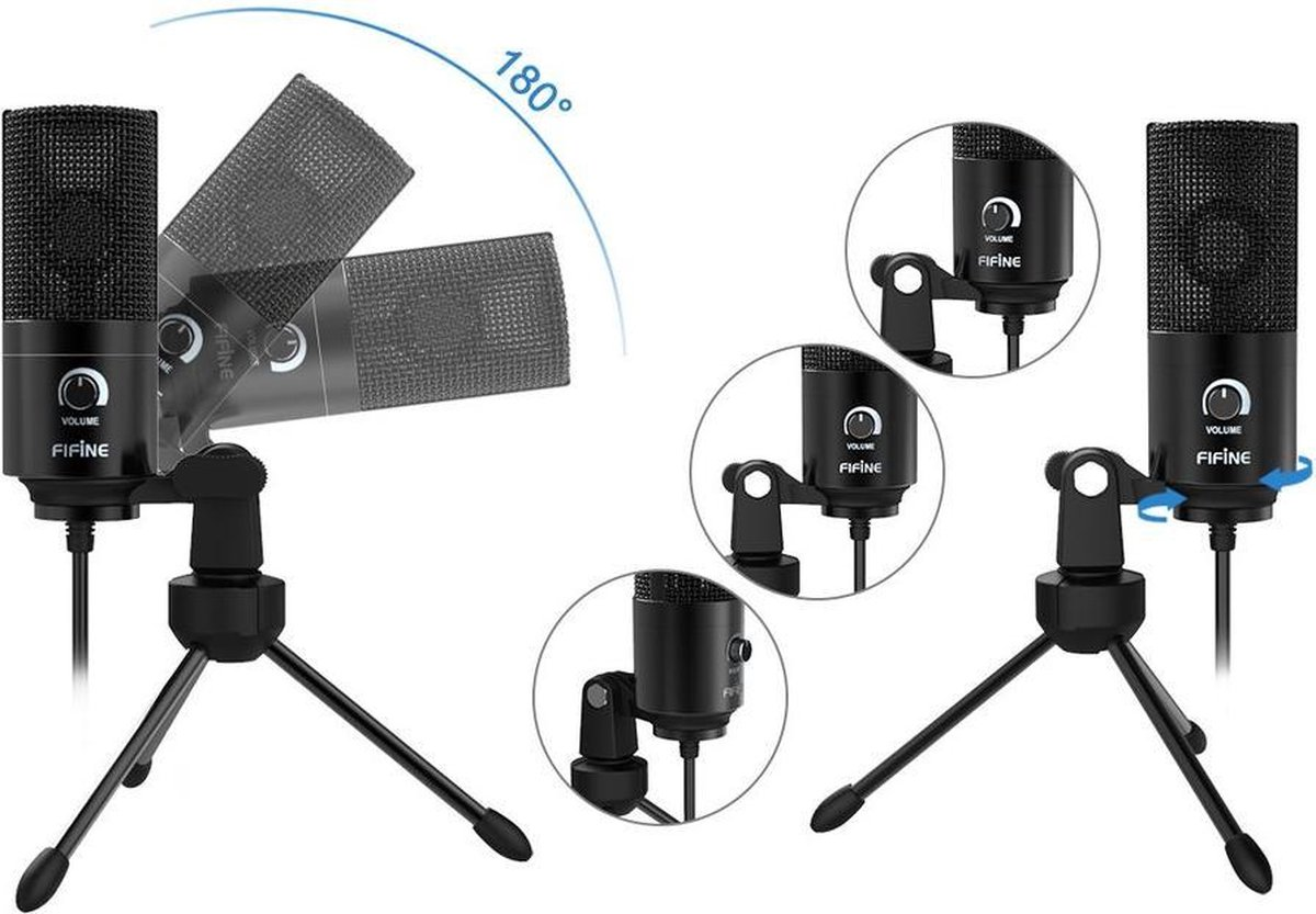 Een zwarte FIFINE USB-microfoon op een ministatief, toont 180 graden kantel- en rotatiemogelijkheden.