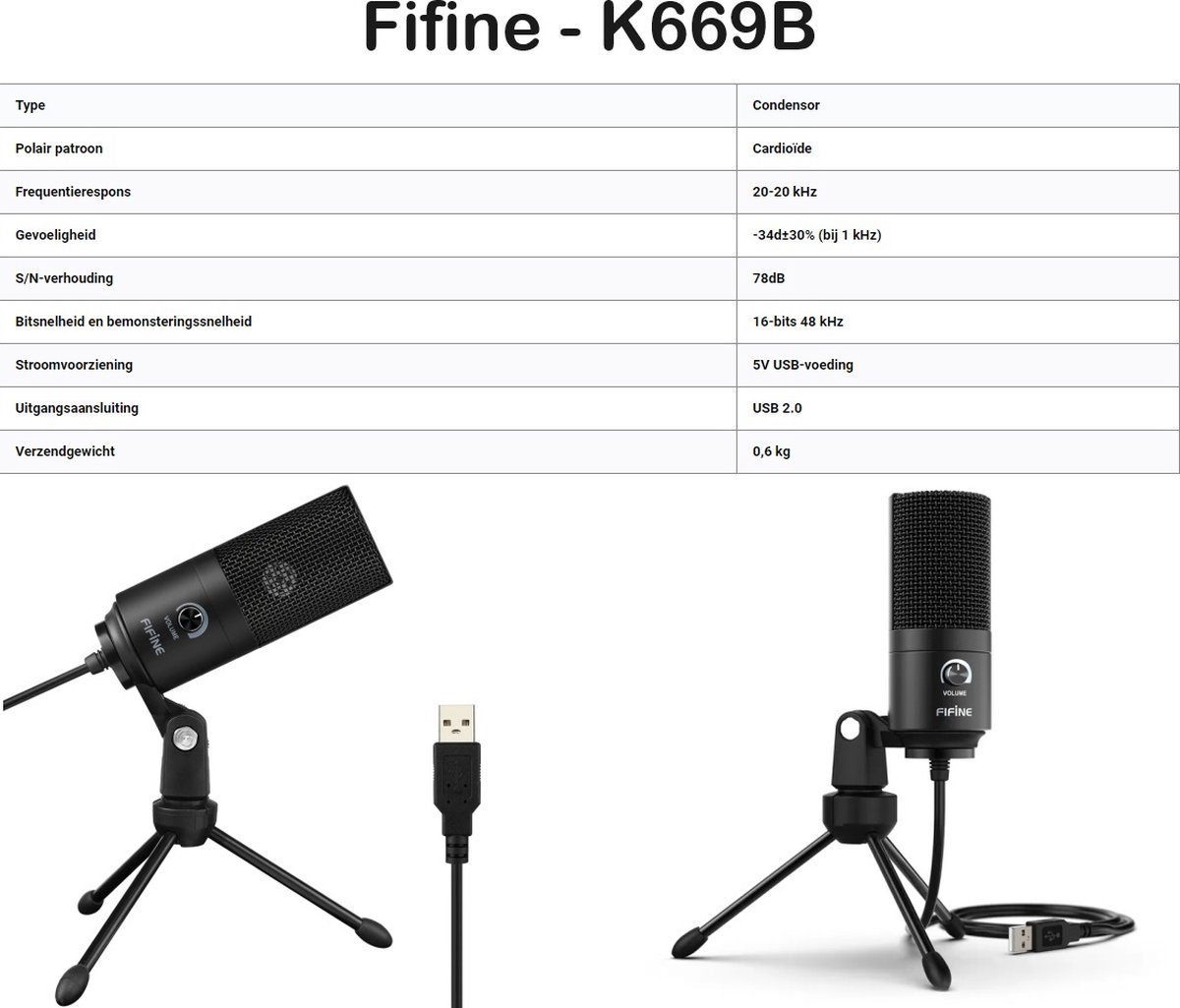Specificatietabel en twee weergaven van de zwarte Fifine K669B USB-microfoon met statief en kabel.
