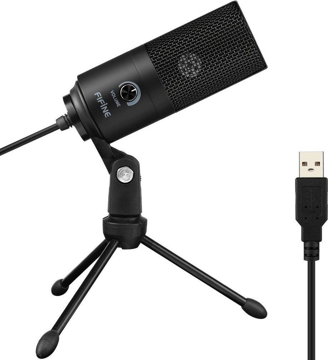 Een zwarte FIFINE USB-microfoon op een minitripod, met de volumeknop en een aparte USB-aansluitkabel.
