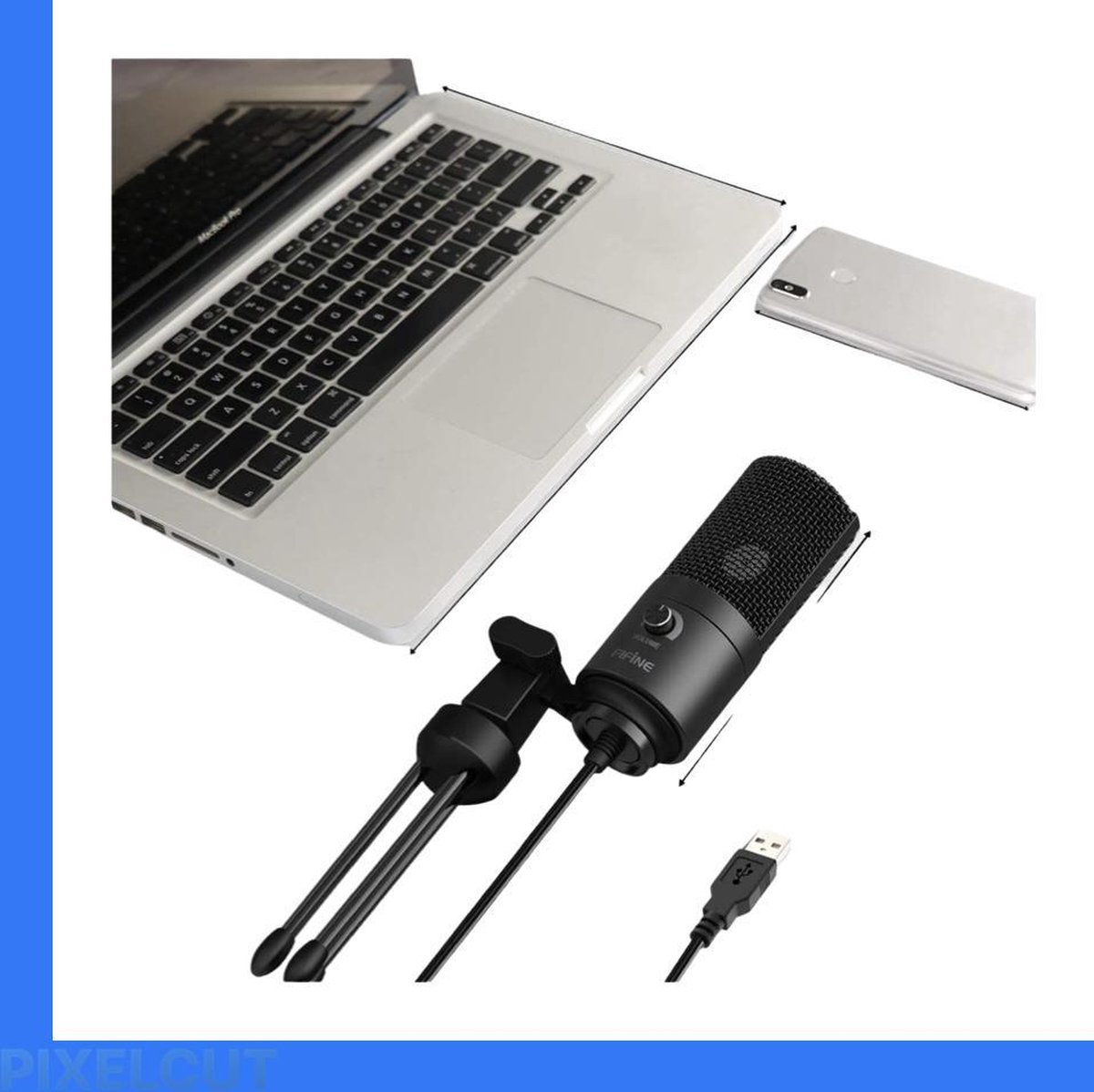 Een zwarte USB-microfoon op een minitripod, naast een zilveren laptop, smartphone en een USB-kabel.
