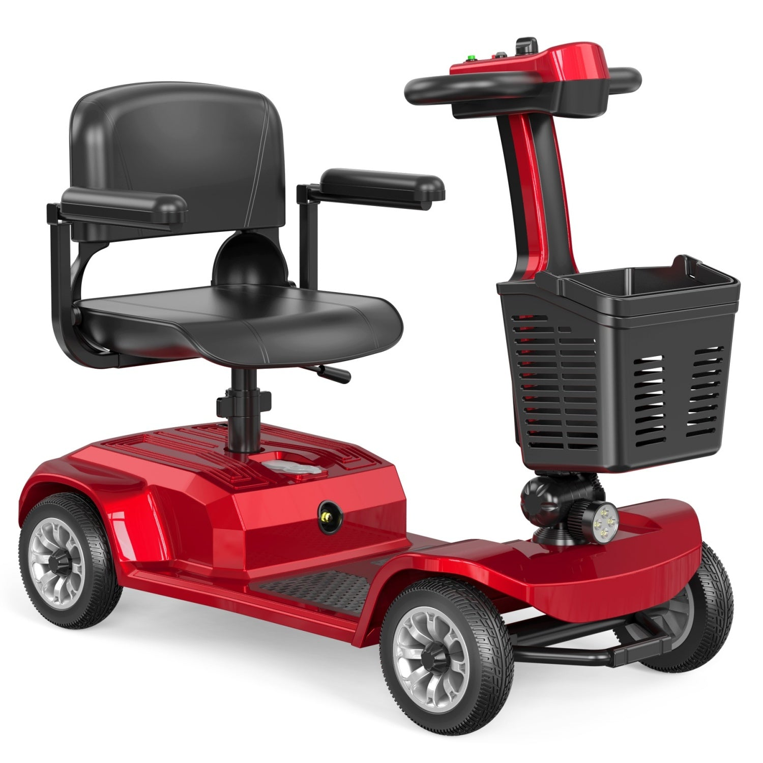 Un scooter de movilidad rojo con asiento negro y cesta delantera sobre fondo blanco.