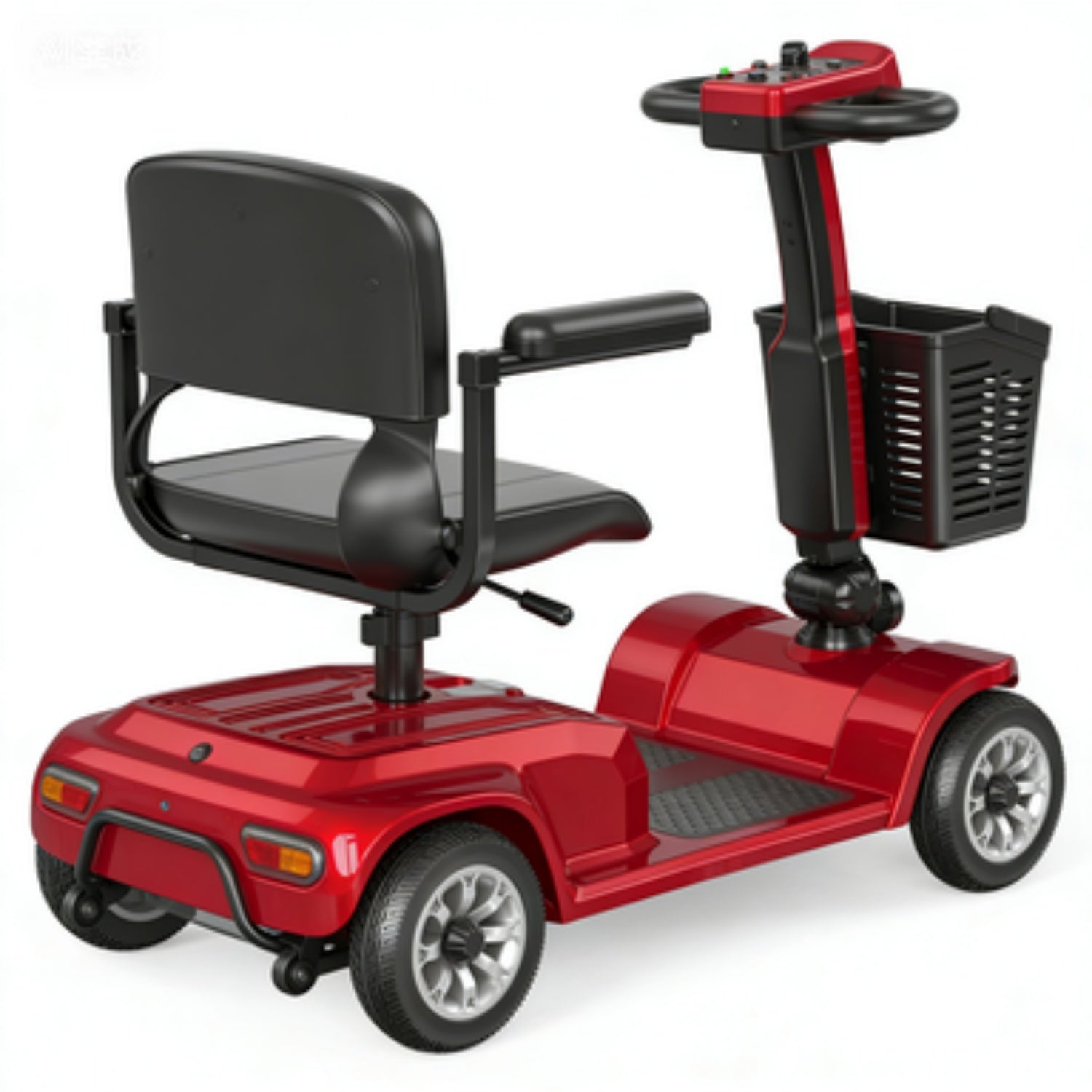 Scooter de movilidad rojo con asiento negro y cesta sobre fondo blanco.