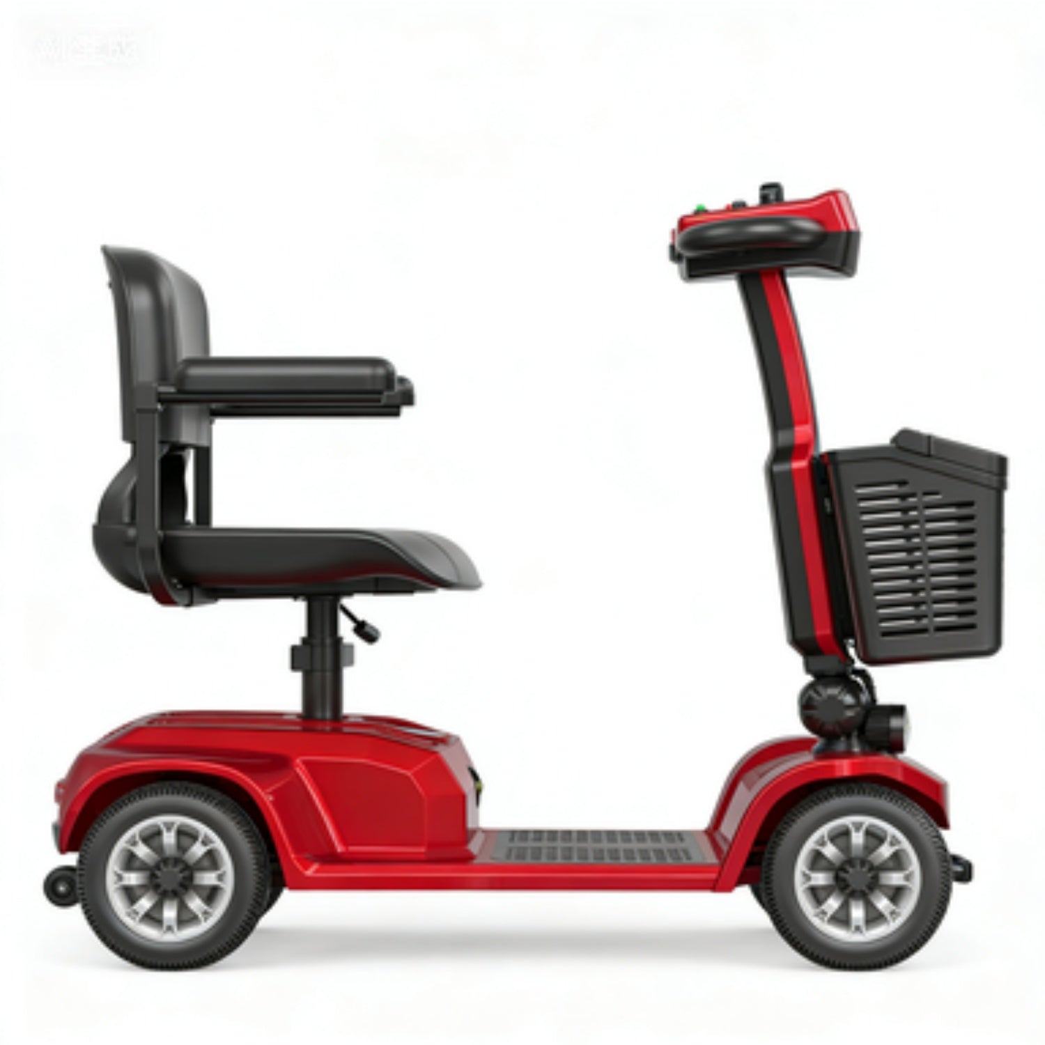 Un scooter de movilidad rojo con asiento negro, manillar y cesta delantera sobre fondo blanco.