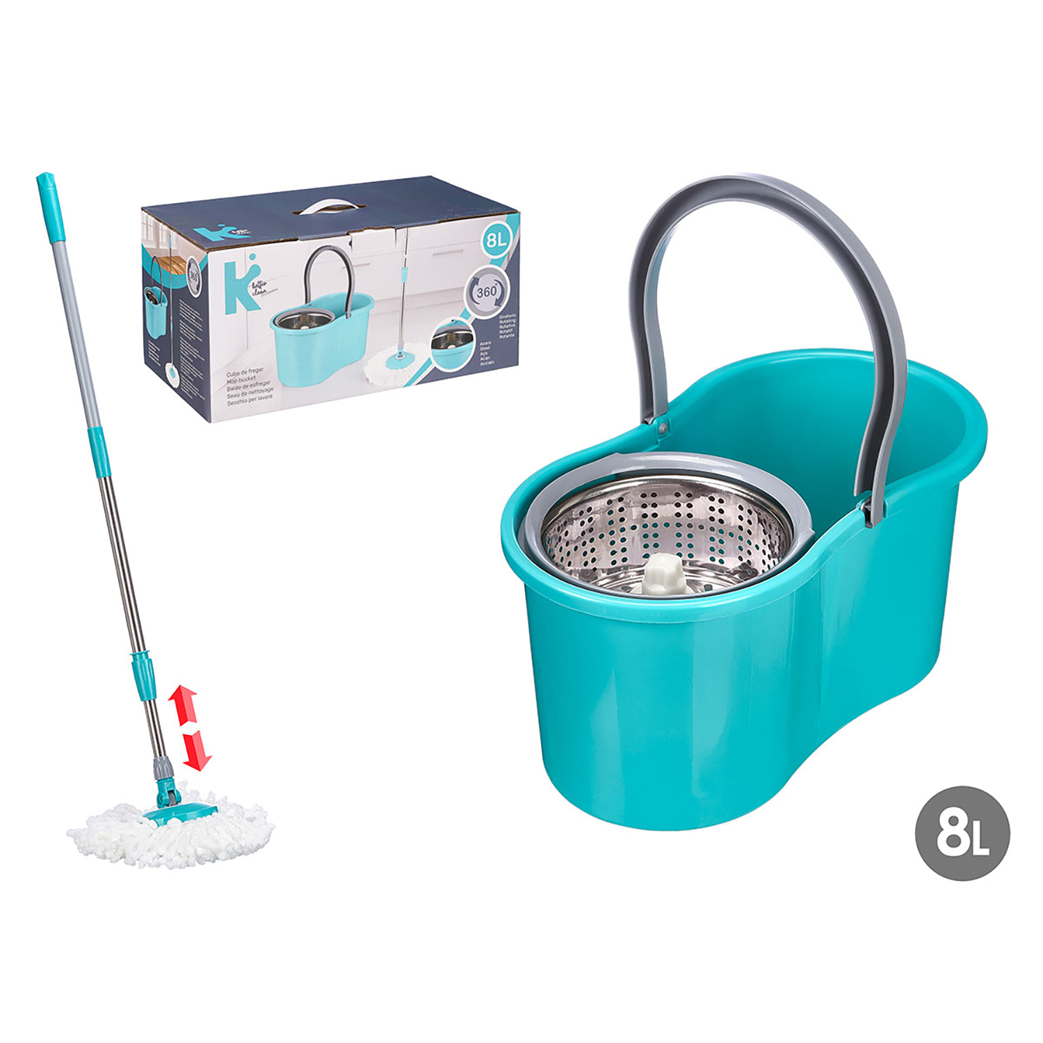 Un juego de fregona turquesa de 8L con cubo, escurridor de acero inoxidable, mango telescópico y caja en blanco.