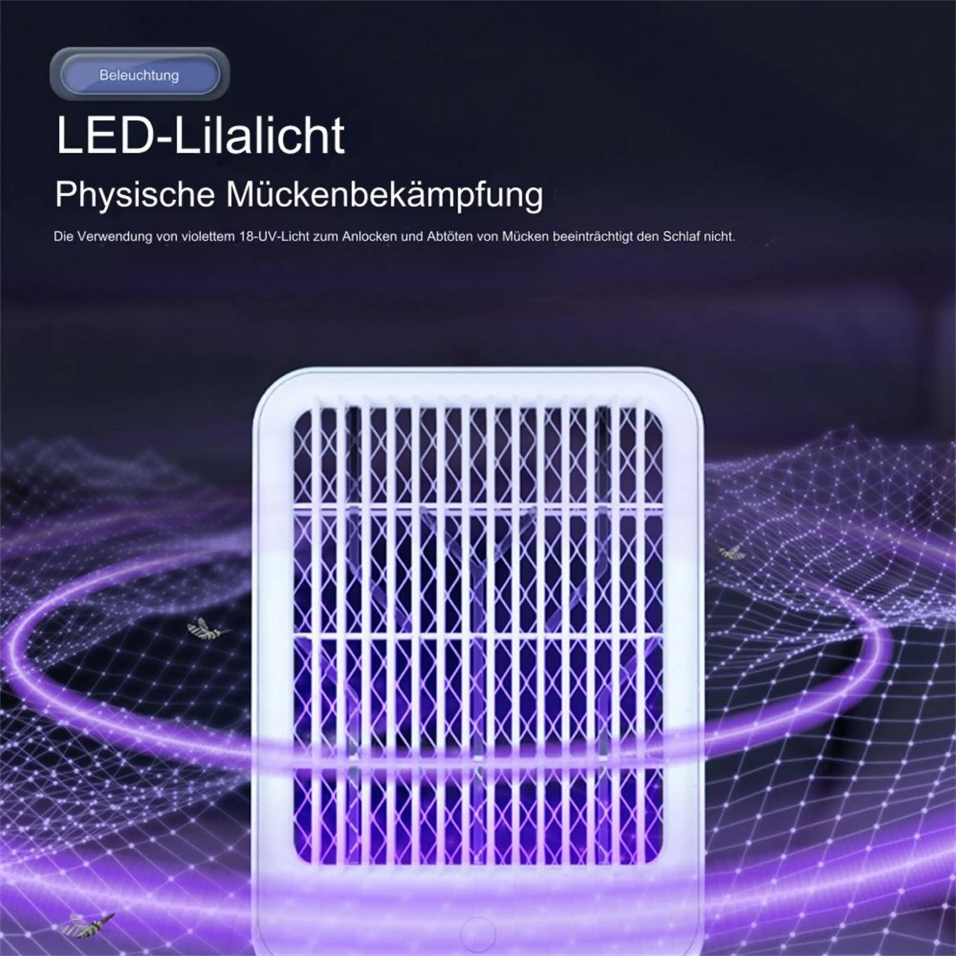 Ein weißes UV-Mückenbekämpfungsgerät mit lila Licht und Netz-Vorderseite in einem dunklen Raum.