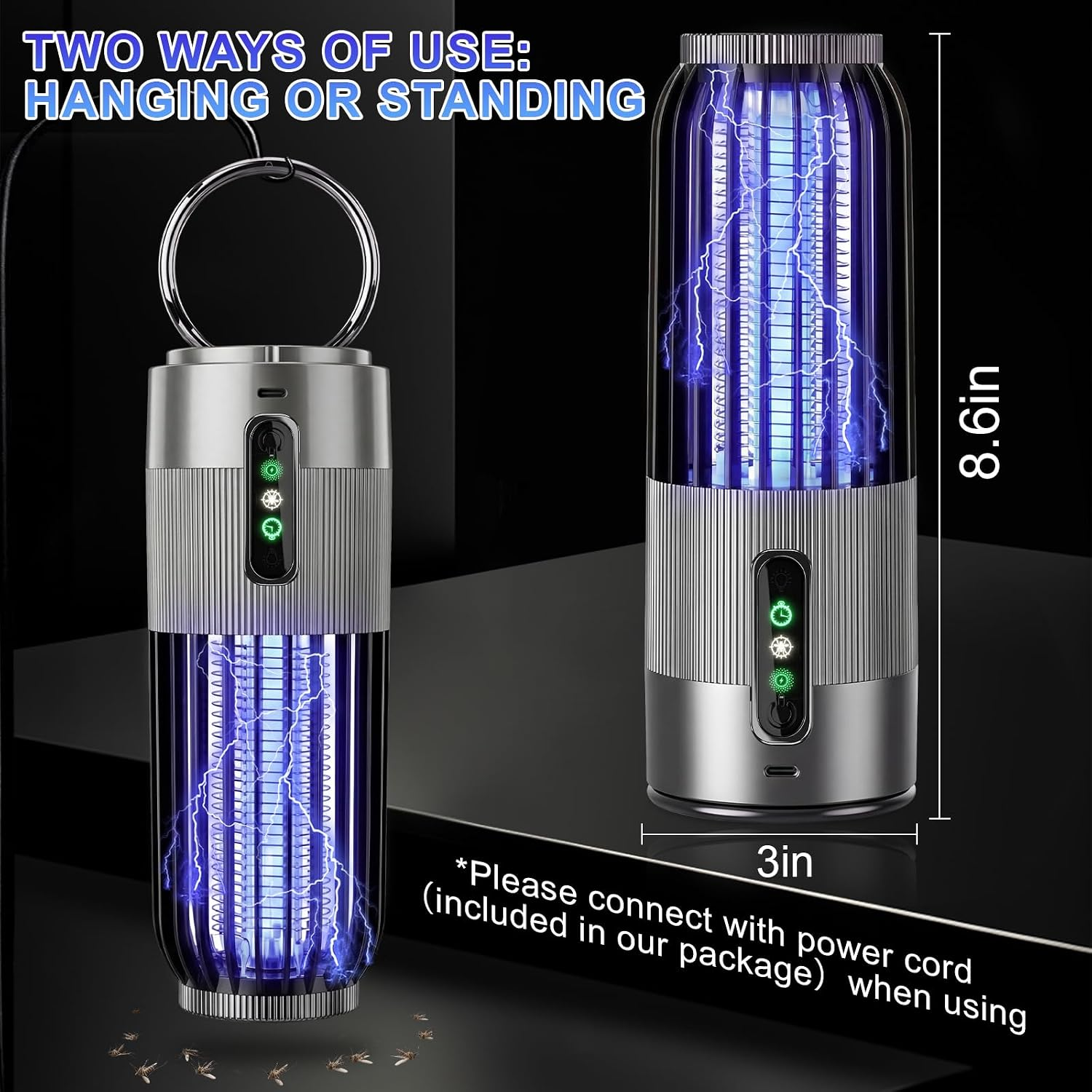 Zwei silberne Moskitofallen zeigen hängende und stehende Nutzung mit blauen Lichteffekten und Texten.