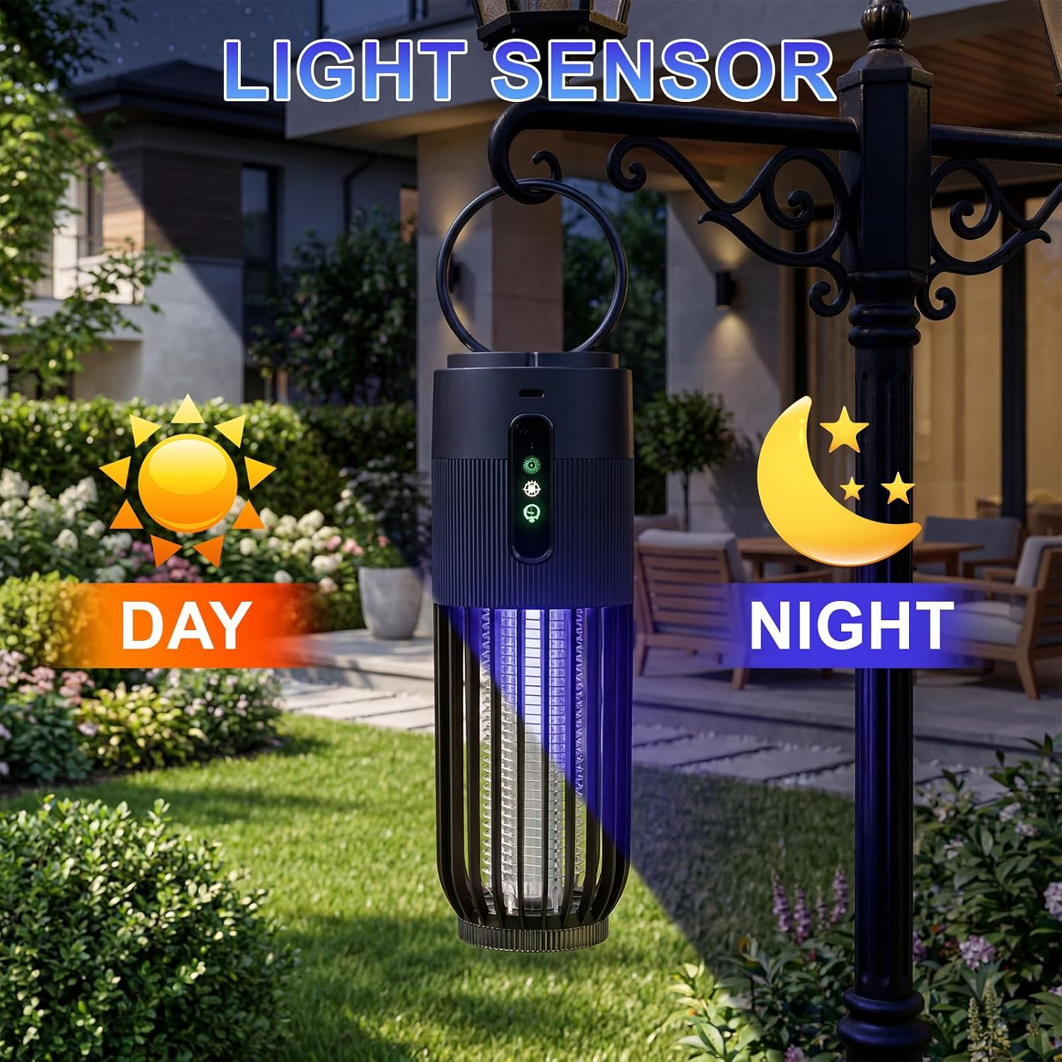 Ein schwarzer Insektenvernichter hängt an einer Gartenlampe mit Tag- und Nacht-Symbolen für den Lichtsensor.