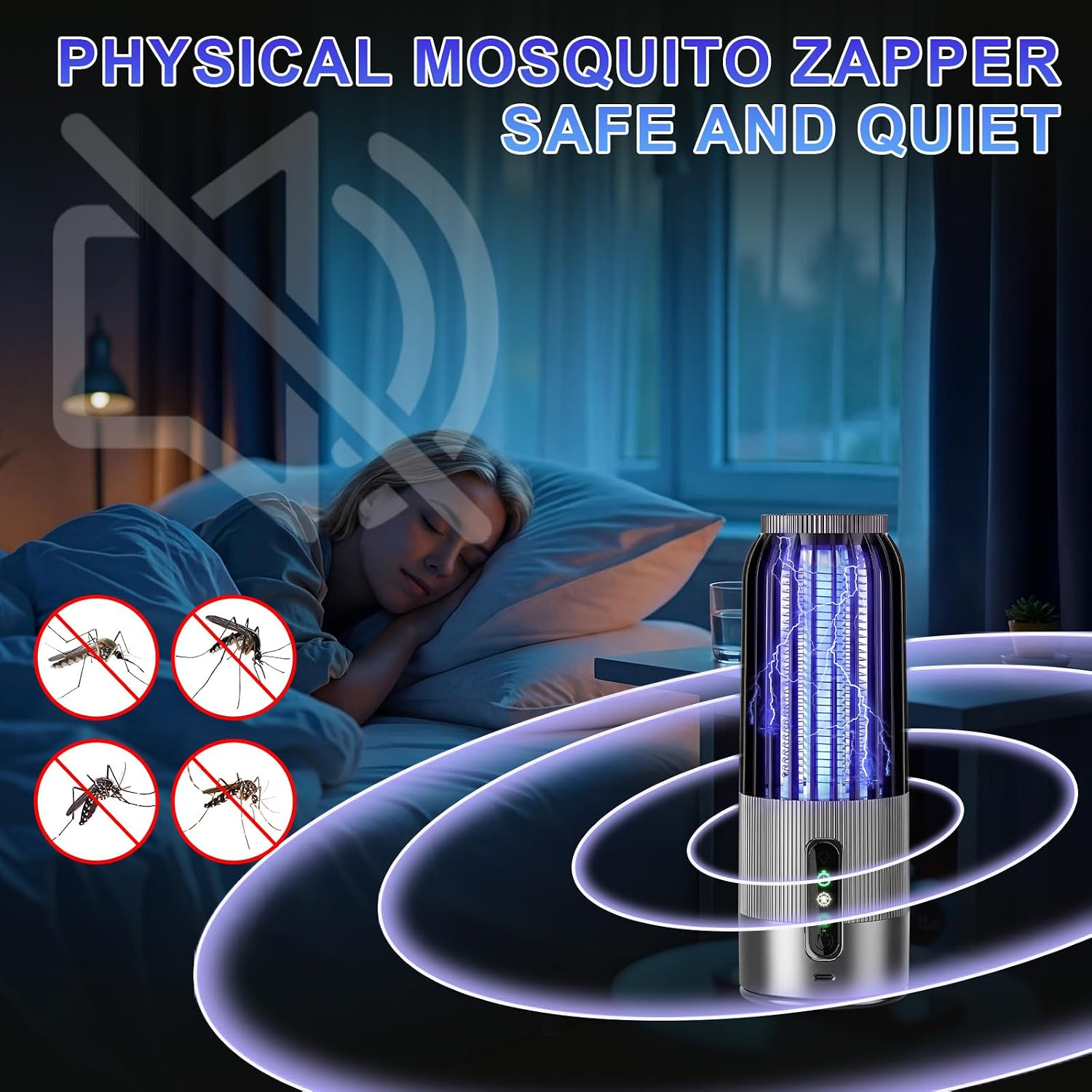 Eine Mückenlampe steht auf einem Tisch, während eine Frau ruhig in einem Bett im Hintergrund schläft.