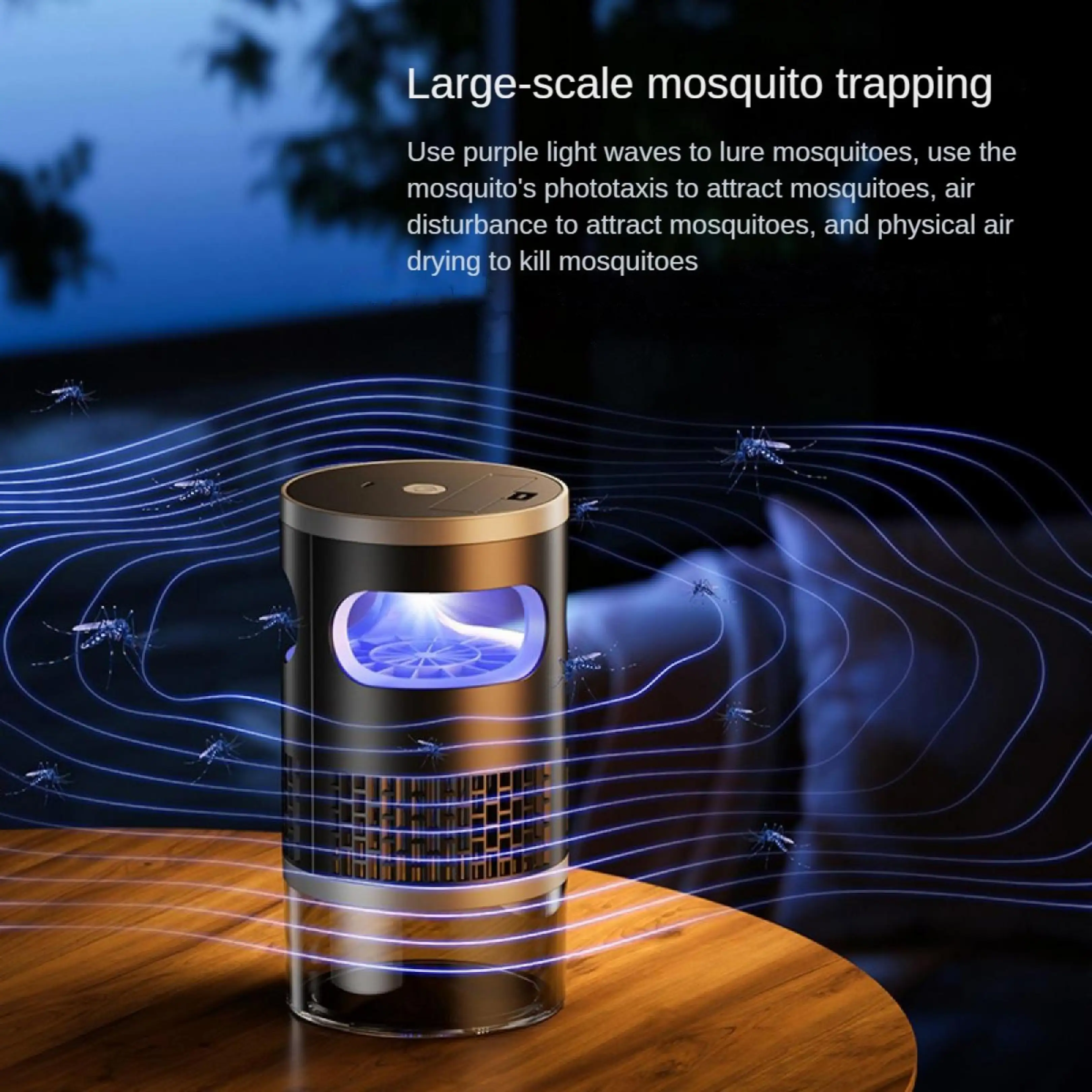 Ein zylindrischer Mückenvernichter auf einem Holztisch, umgeben von blauen Lichtwellen und Mücken.