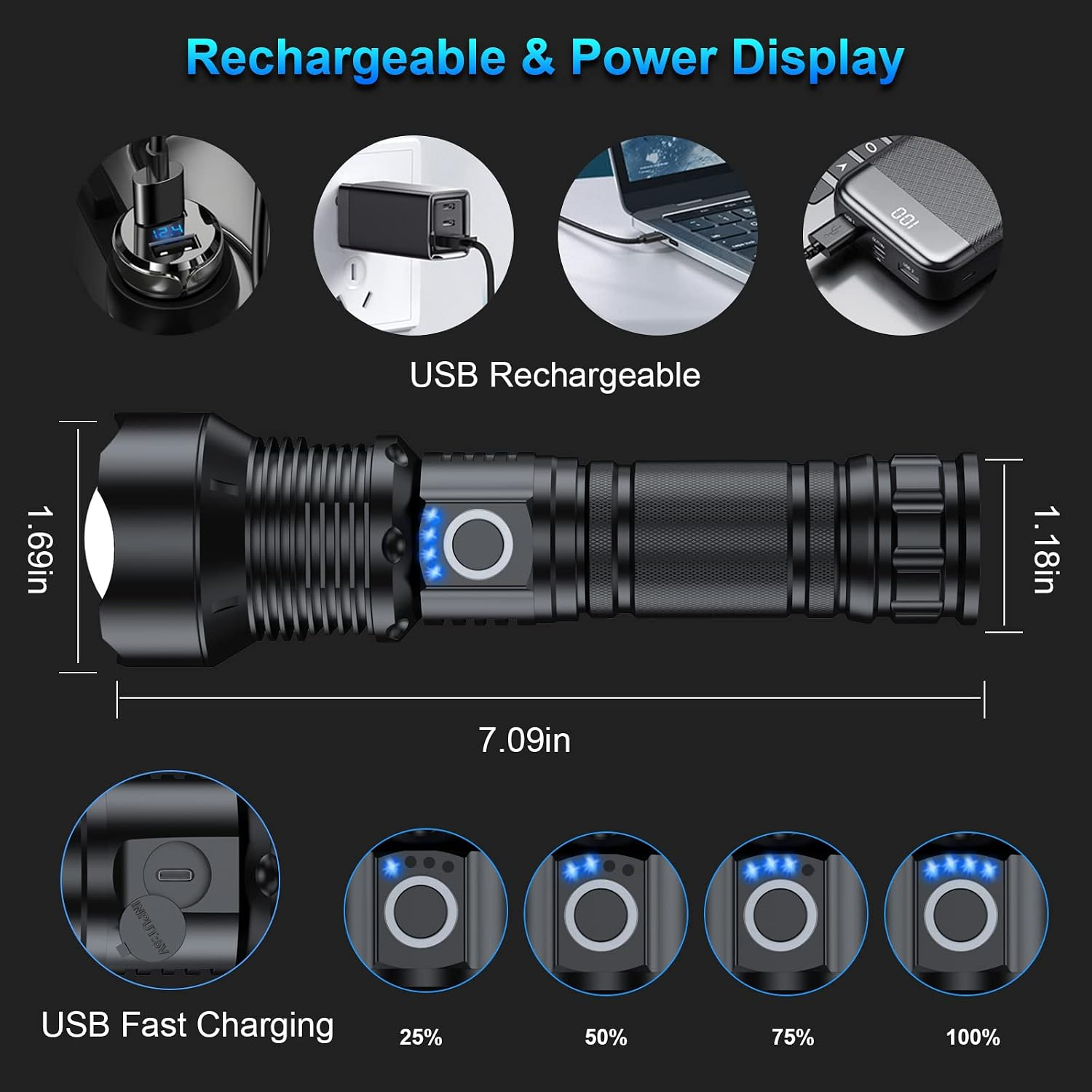 Schwarze USB-Taschenlampe mit Maßen, Ladeoptionen und Akkuanzeige von 25 bis 100%.