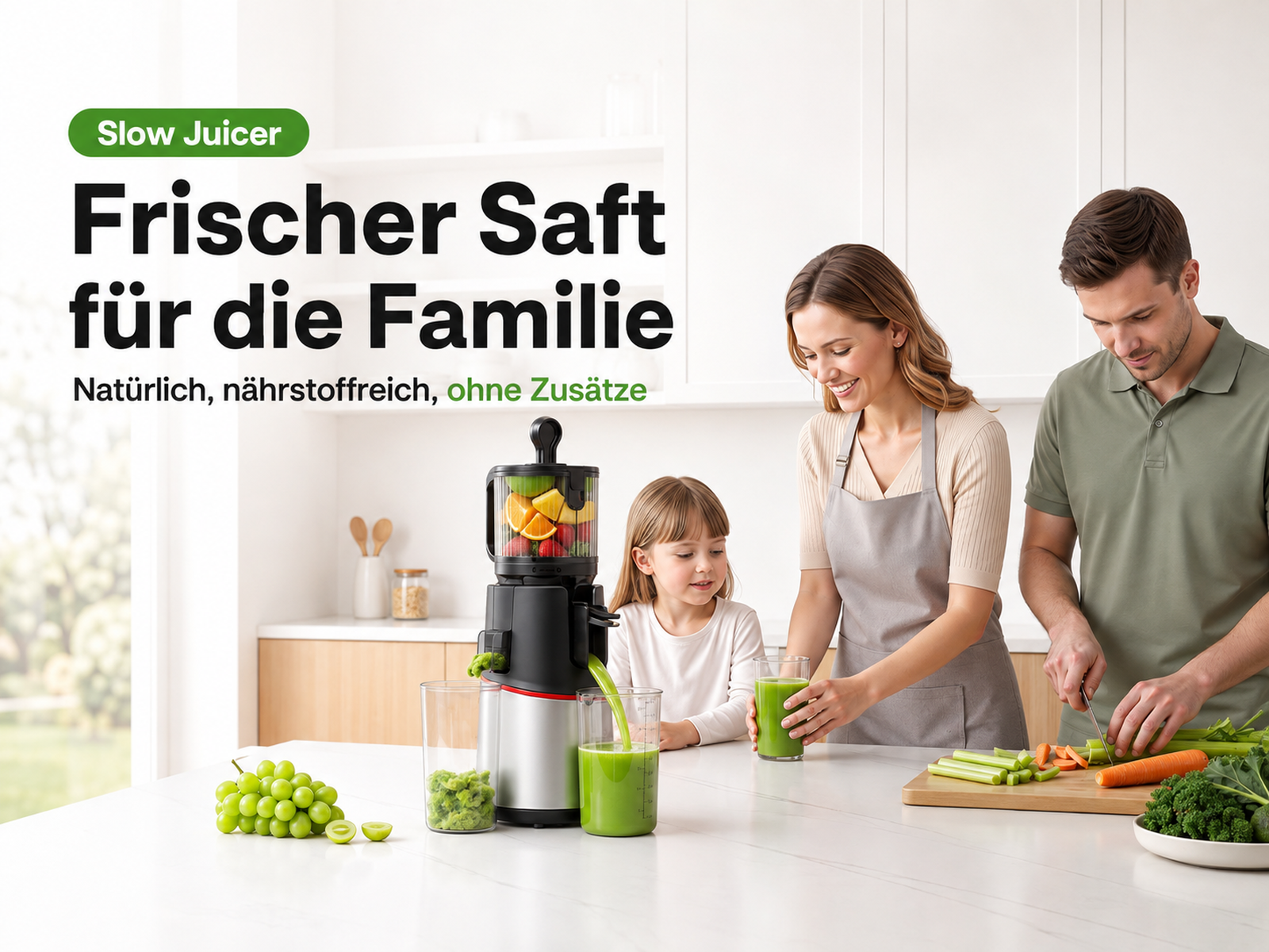 Familie bereitet in der Küche mit einem Entsafter frischen Saft und Gemüse zu.
