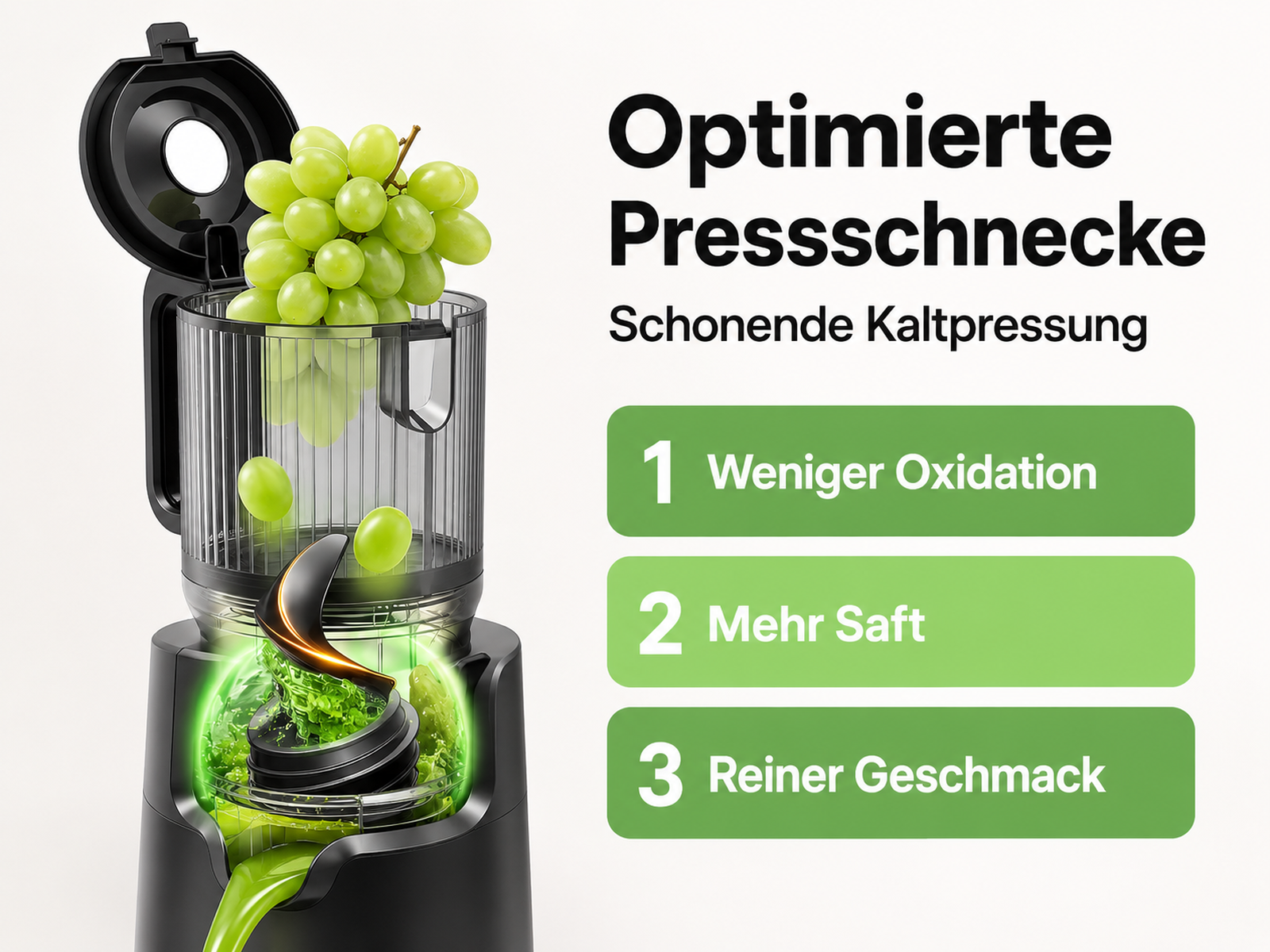 Schwarzer Entsafter mit grünen Trauben und drei Textboxen mit Werbetexten.