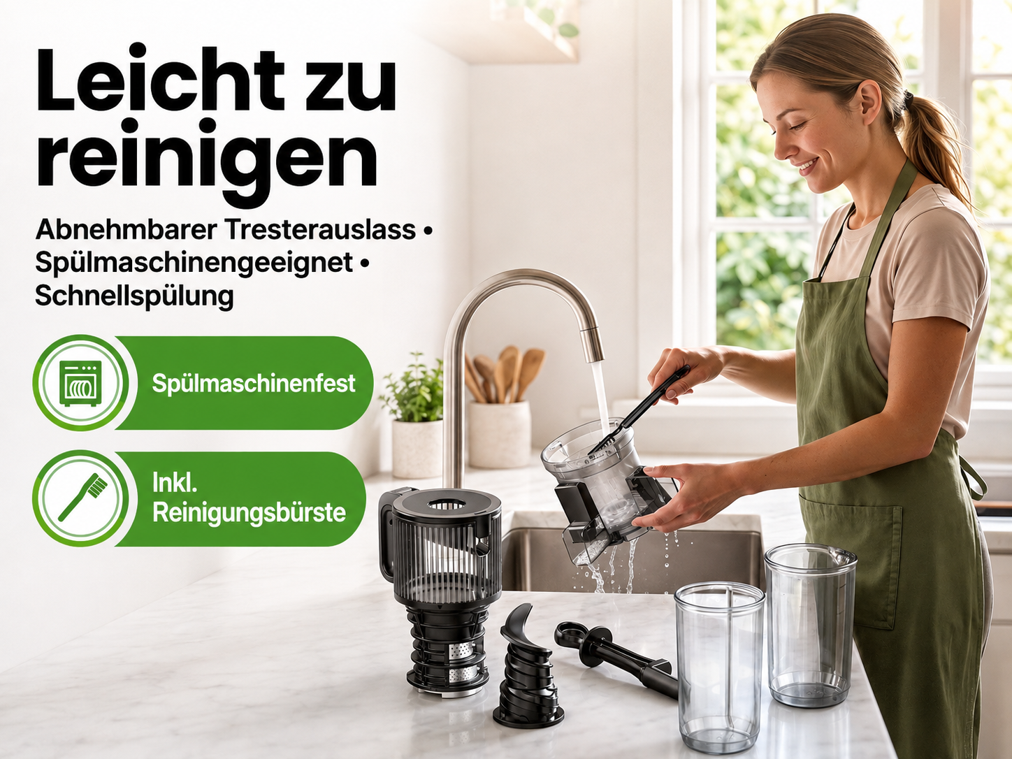 Eine Frau wäscht Teile eines Entsafters in einer Küchenspüle mit fließendem Wasser.