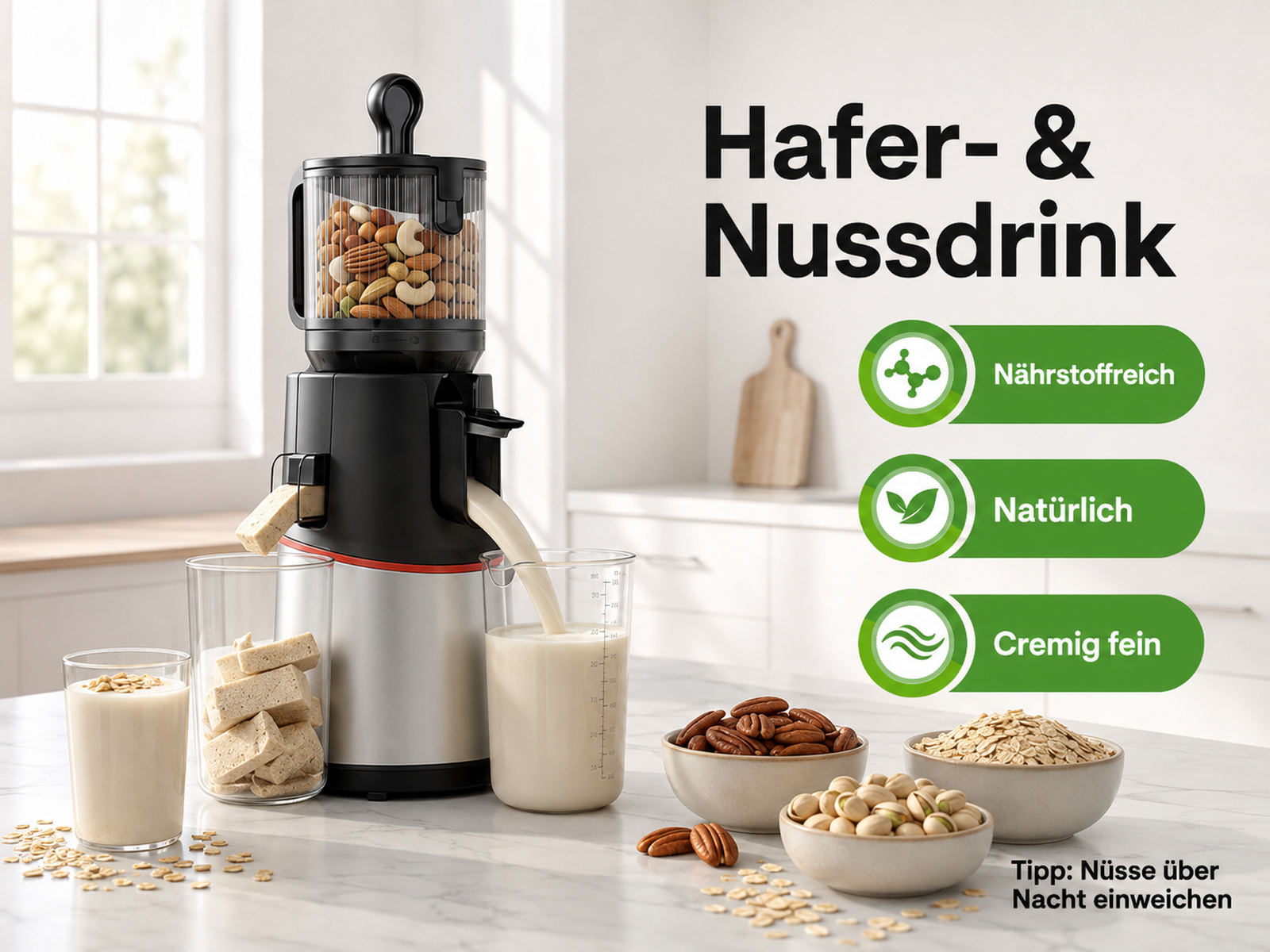 Ein Getränkeautomat gießt Milch in ein Glas neben Schalen mit Nüssen und Haferflocken.