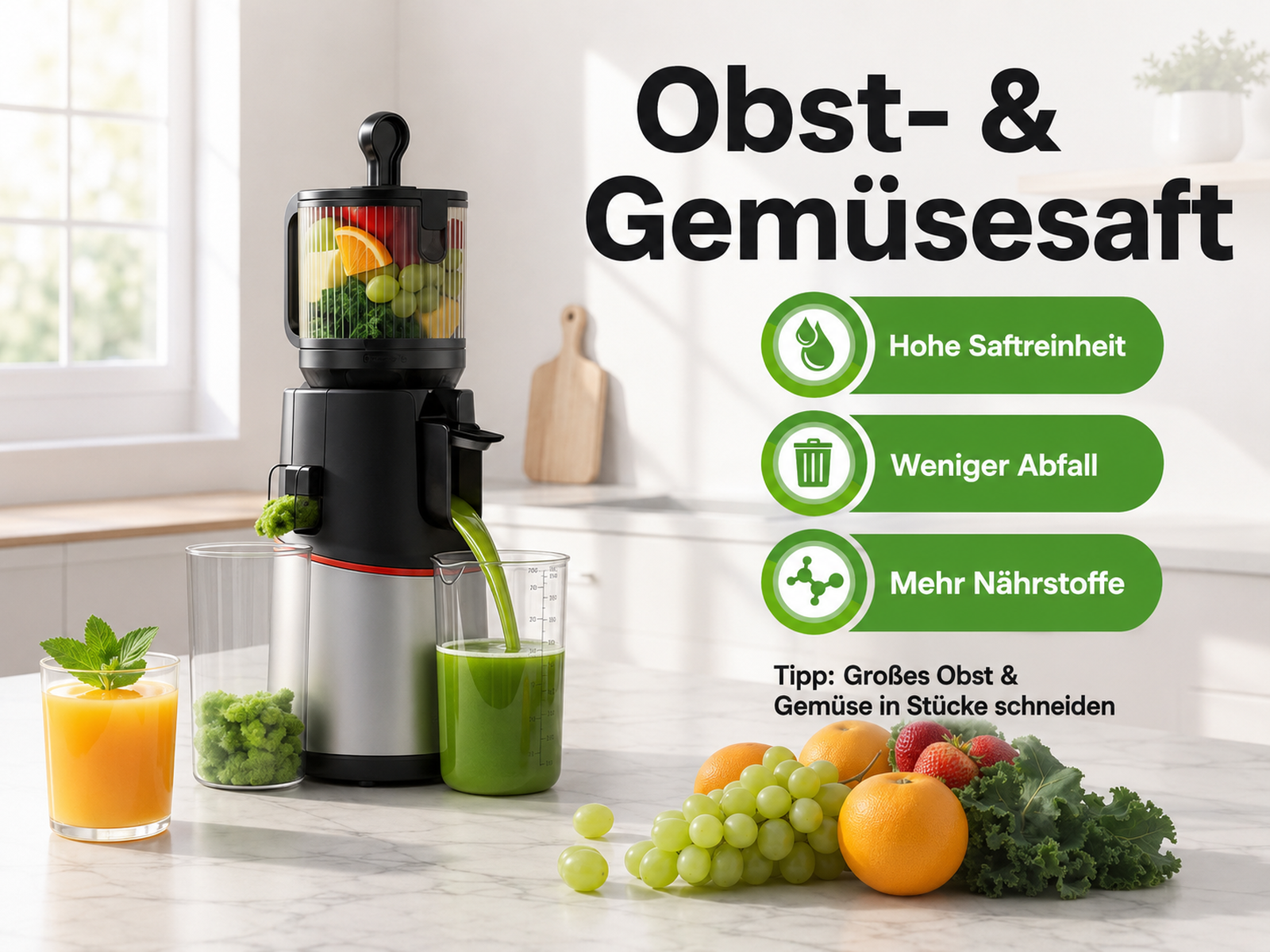 Ein schwarzer Entsafter auf einer Küchentheke presst grünen Saft in einen Messbecher. Vorne liegen frisches Obst und Gemüse.