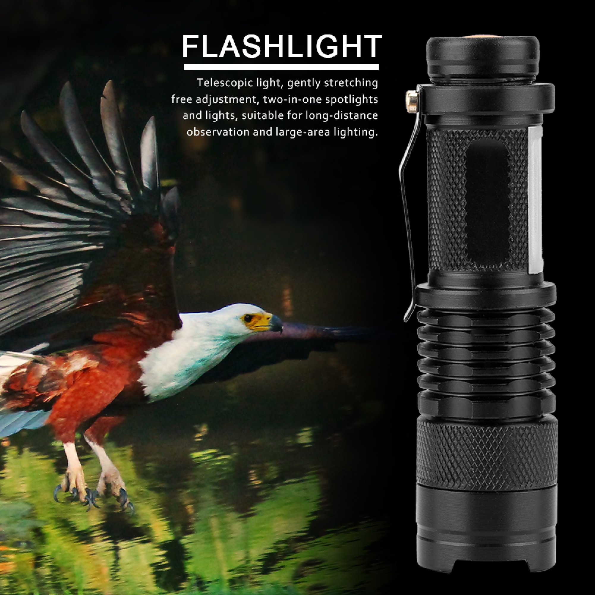 Eine schwarze taktische Taschenlampe neben einem Adler, der über Wasser fliegt, mit Text.
