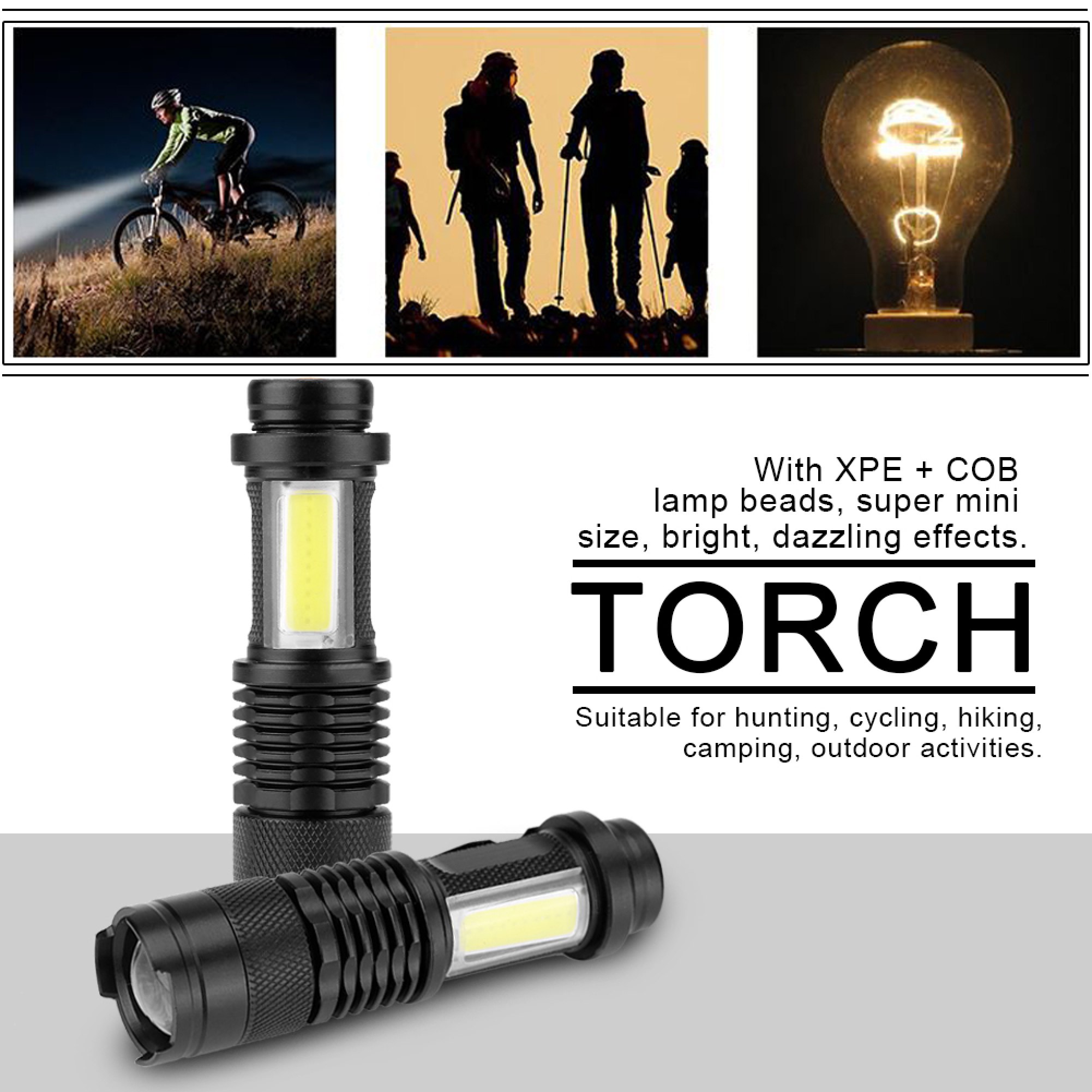 Zwei kleine schwarze LED-Taschenlampen mit hellem COB-Licht, ideal für Outdoor-Aktivitäten wie Wandern und Radfahren.