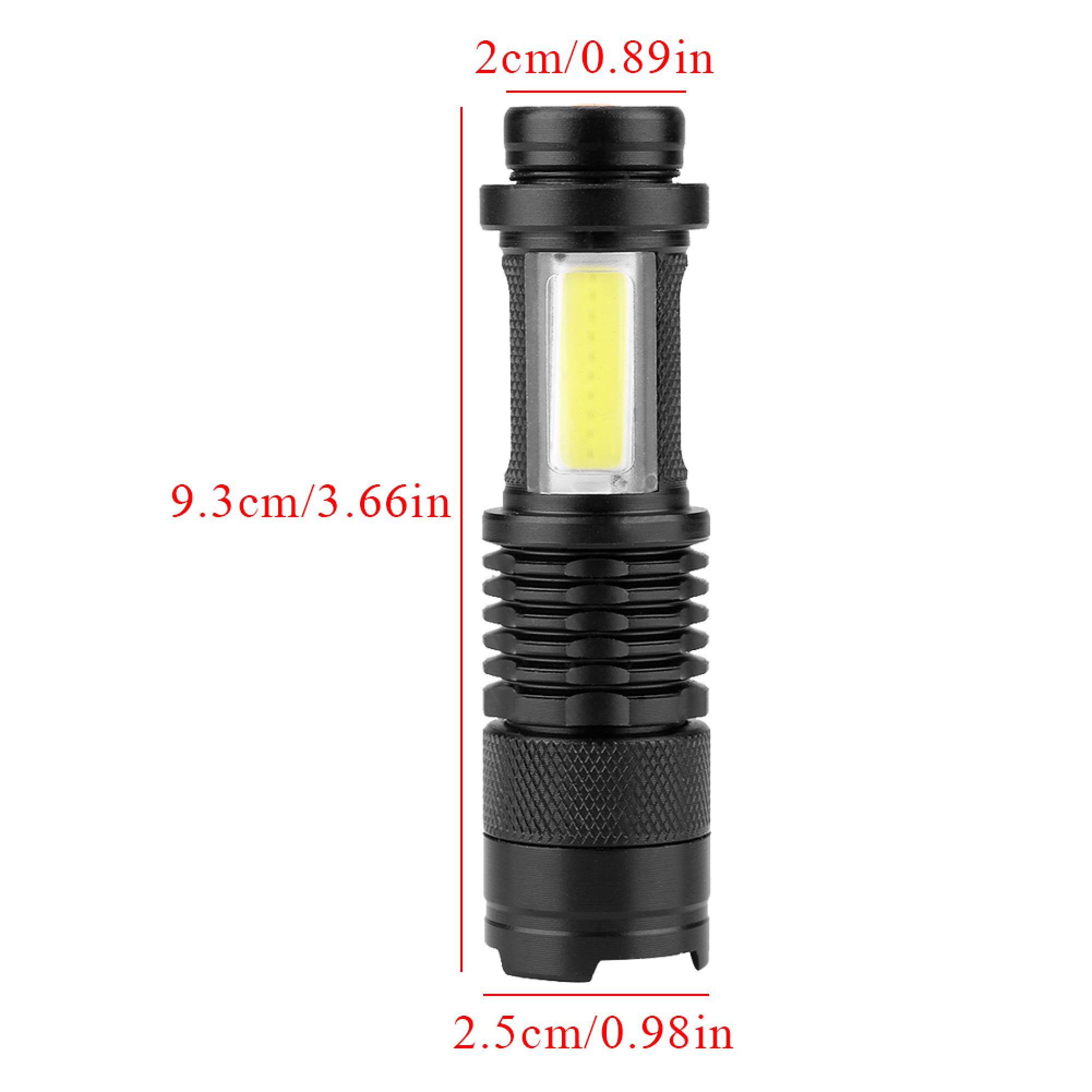Eine kompakte, schwarze LED-Taschenlampe mit Maßen in Zentimetern und Zoll auf weißem Hintergrund.