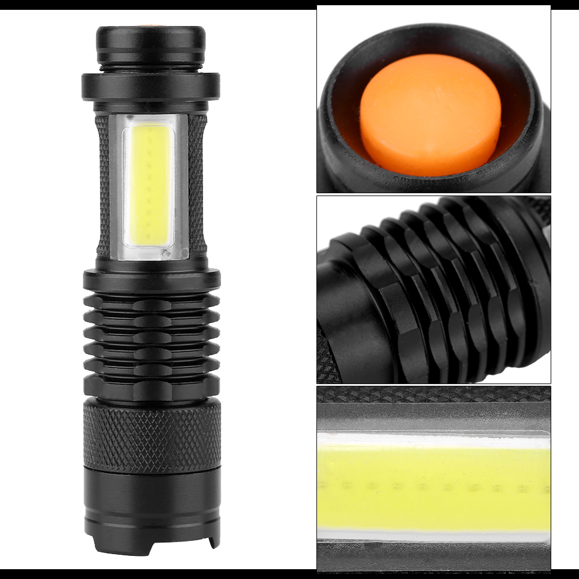 Schwarze Taschenlampe mit COB-LED und Nahaufnahmen von Schalter, Kühlrippen und Lichtleiste.