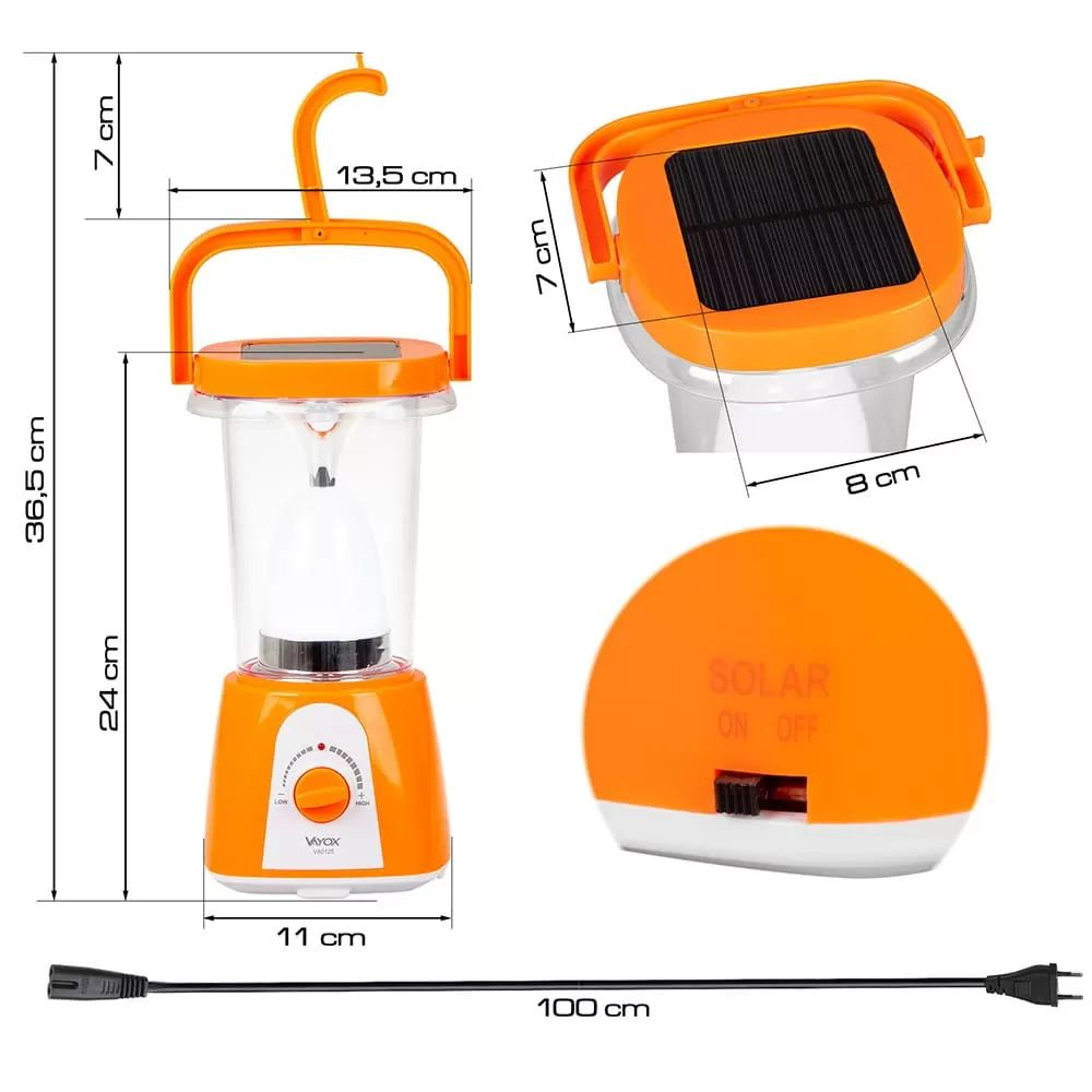 Rysunek techniczny pomarańczowej lampy solarnej z wymiarami.