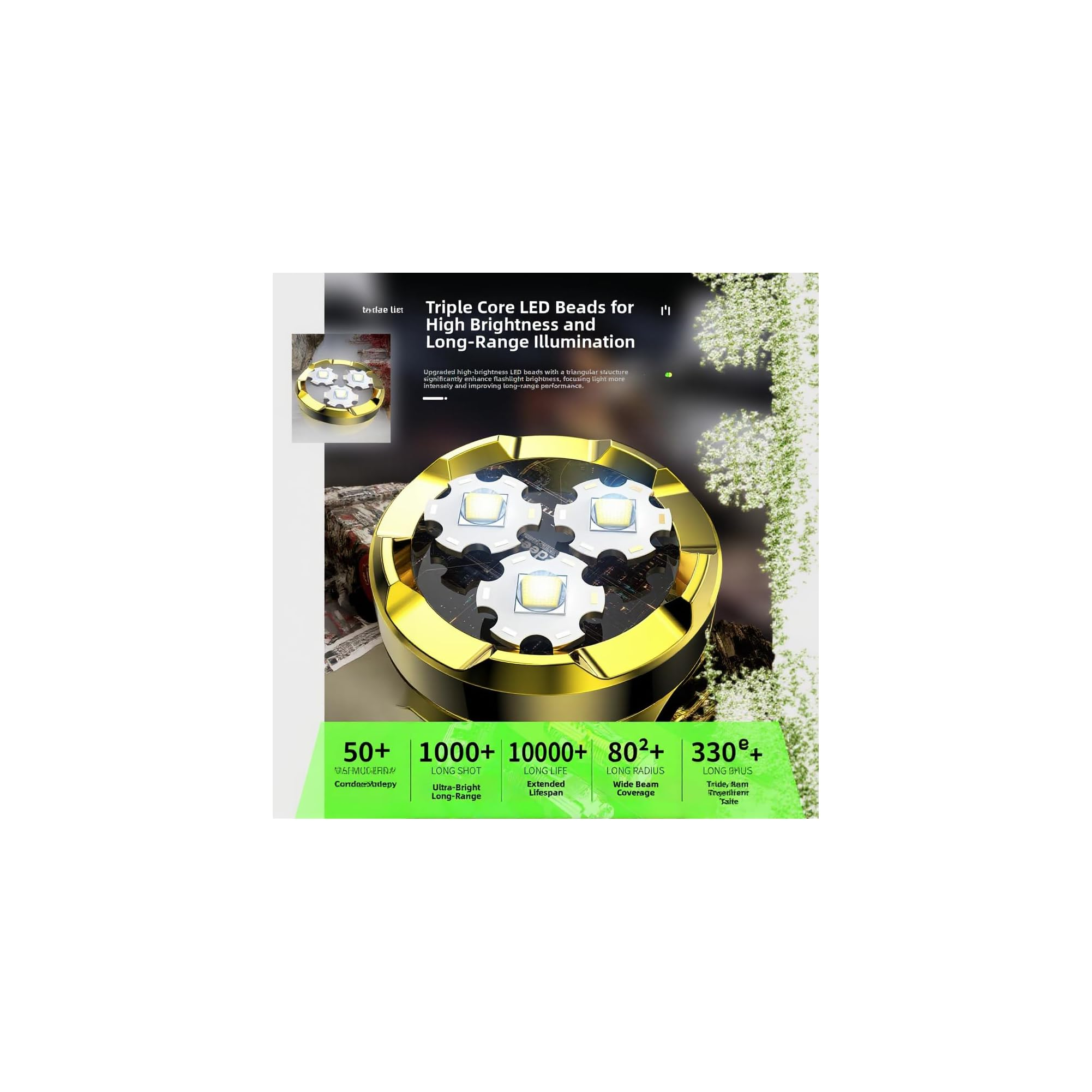 Produktwerbung für eine goldene Taschenlampe mit drei hellen LED-Kernen und technischen Spezifikationen.