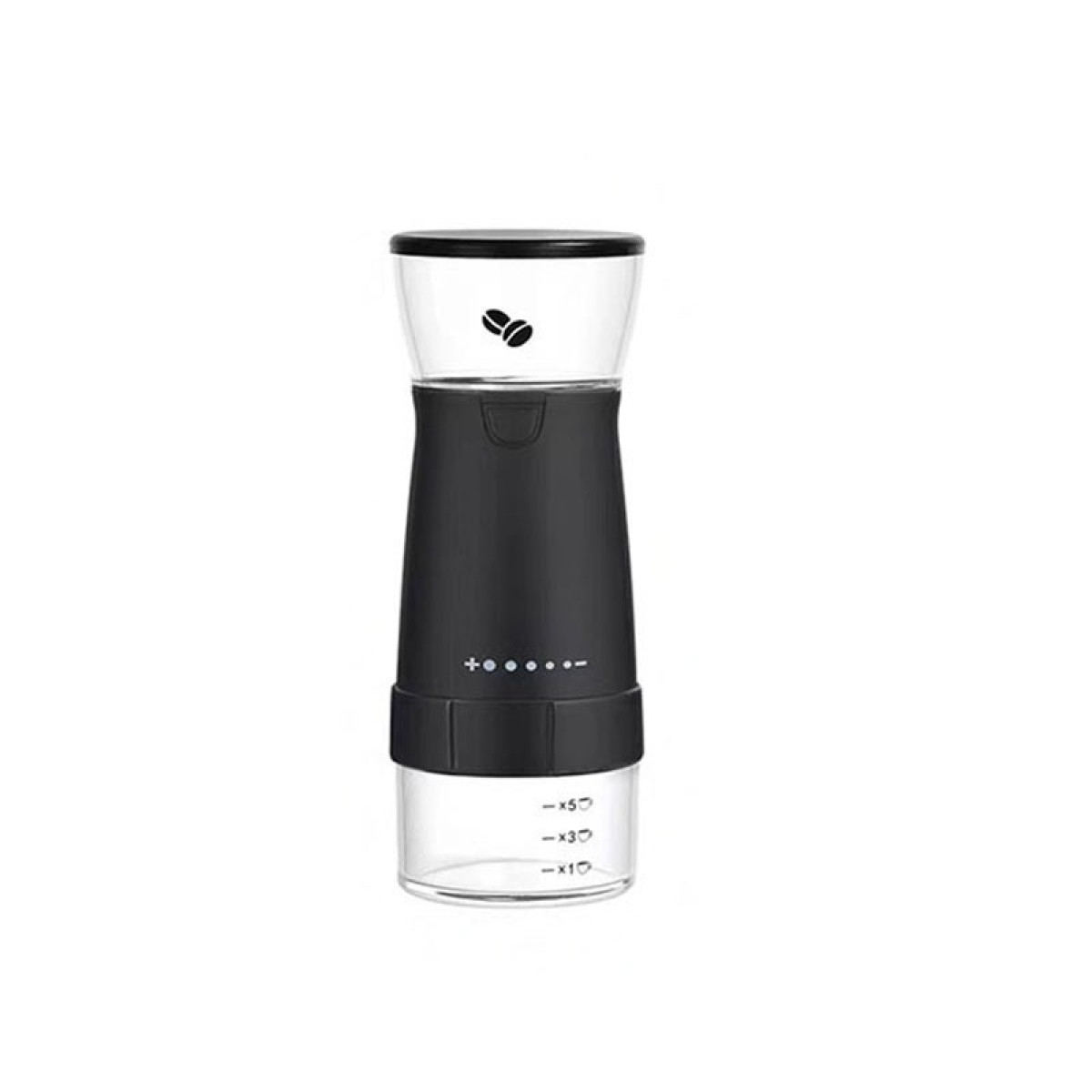Eine schwarze und transparente Handkaffeemühle mit Messmarkierungen und Kaffeebohnen-Symbol.
