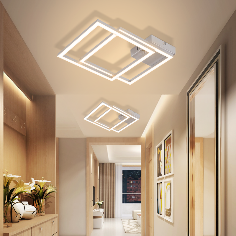Flur mit modernen quadratischen LED-Deckenleuchten, Holzwänden, Kunstwerken und Blumendekor.