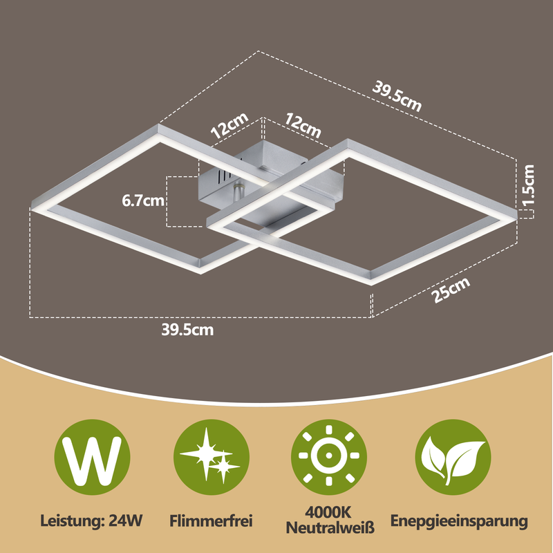 Moderne LED-Deckenleuchte mit Maßangaben und Symbolen für Leistung, Flimmerfreiheit, Lichtfarbe und Energieeinsparung.