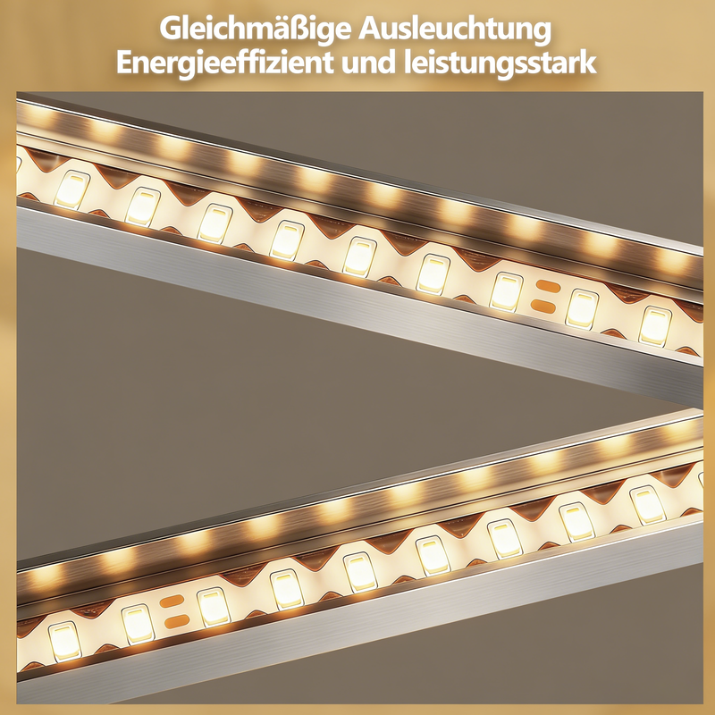 Zwei beleuchtete LED-Streifen in Metallprofilen mit deutscher Werbeinschrift.