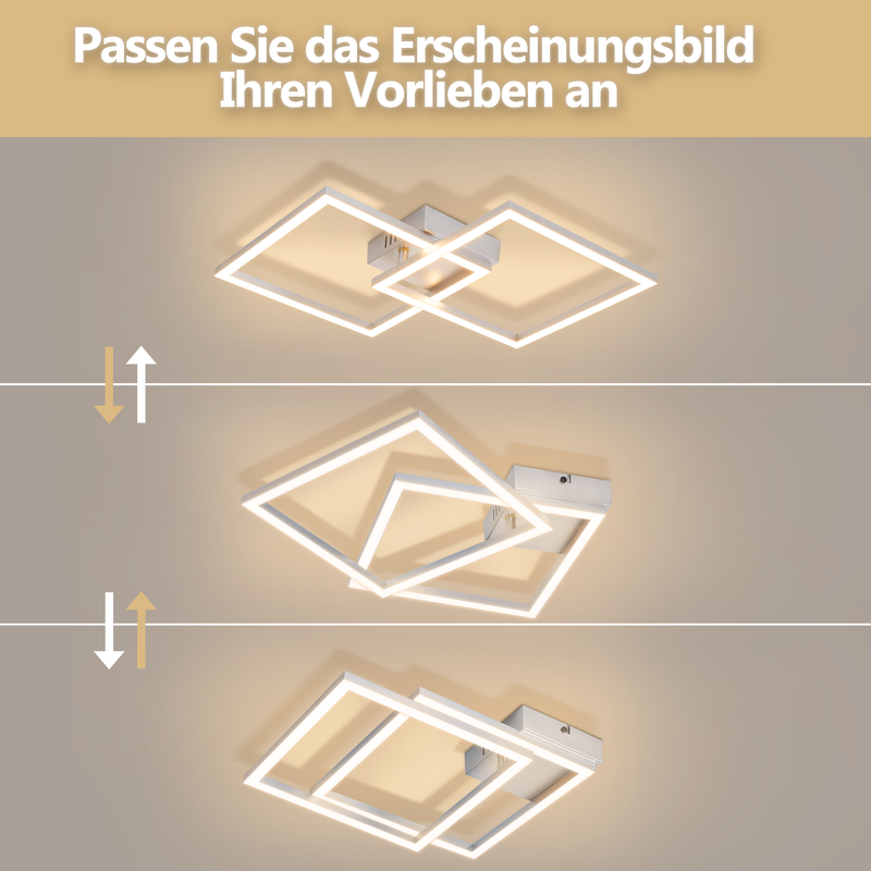 Drei Ansichten einer modernen, quadratischen LED-Deckenleuchte mit verstellbaren Elementen.