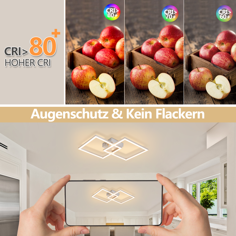Vergleich von CRI-Werten mit roten Äpfeln; unten Hände, die eine Deckenlampe ohne Flackern mit dem Smartphone filmen.