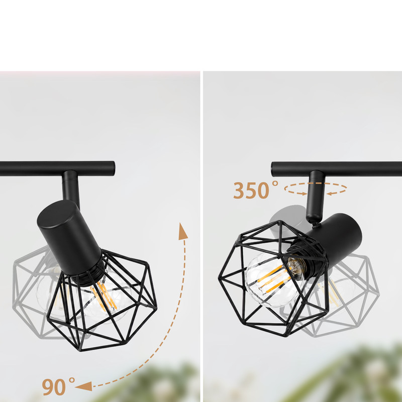 Zwei schwarze geometrische Käfig-Strahler mit 90 Grad Neigung und 350 Grad Drehung.