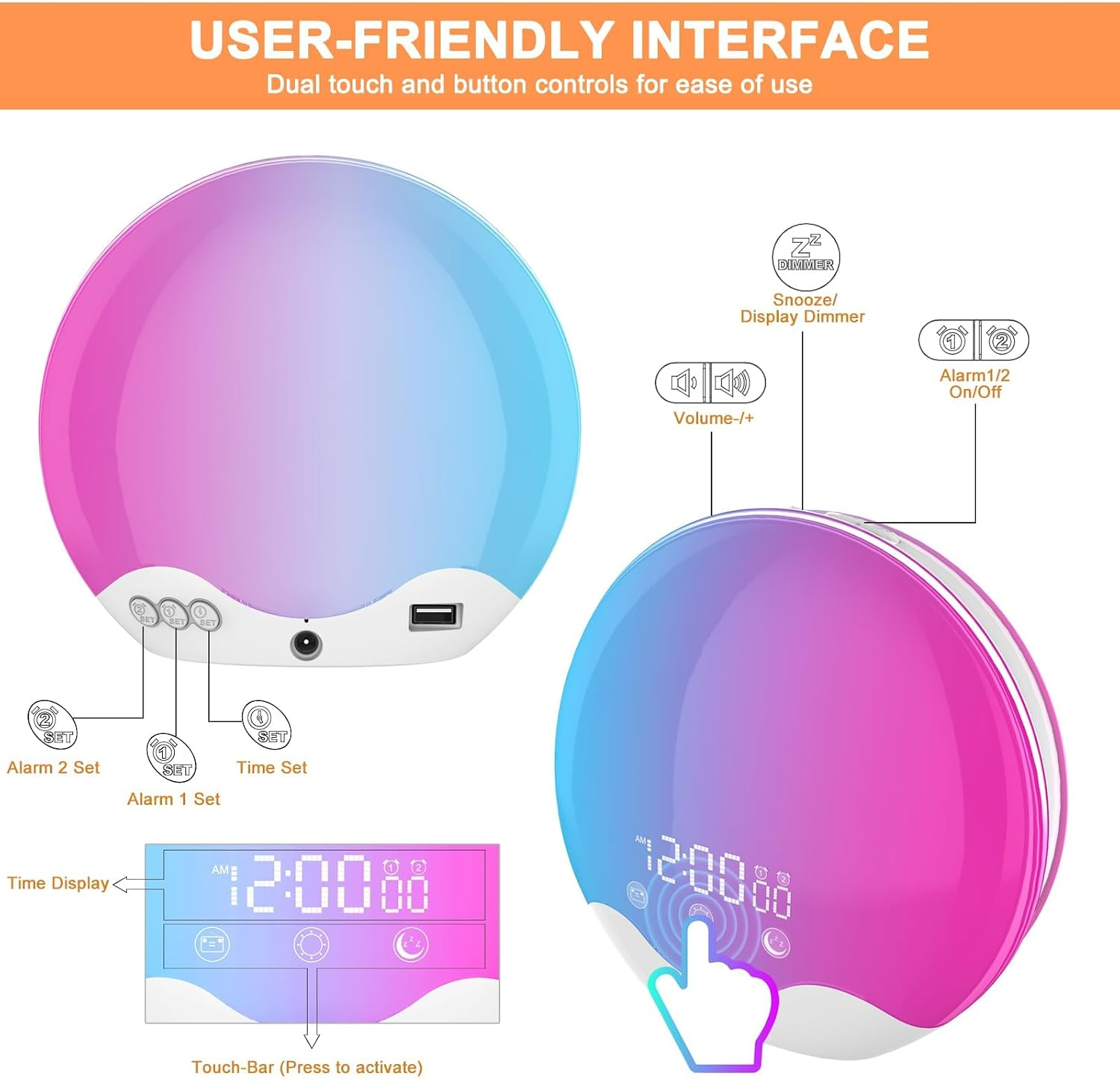 Diagramm zeigt die Tasten und Funktionen einer runden LED-Wecker-Lampe mit Touch-Leiste.