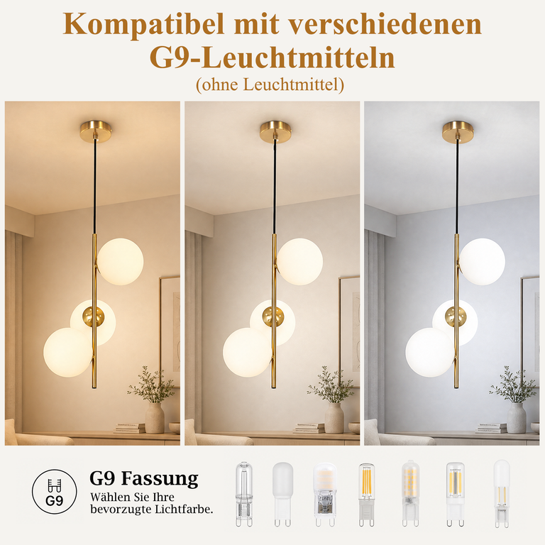 Drei Pendelleuchten mit Goldstangen und weißen Kugeln zeigen verschiedene Lichttöne und G9-Leuchtmittel.