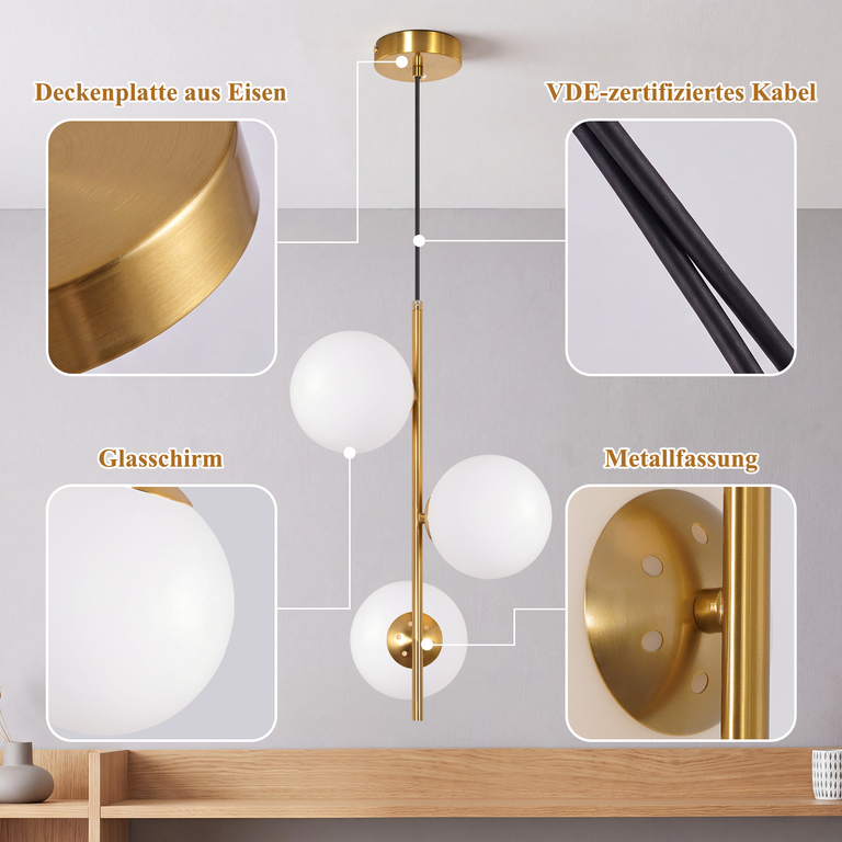 Moderne Hängeleuchte mit goldenem Metallstab und vier weißen Glaskugeln, Detailaufnahmen zeigen Teile.
