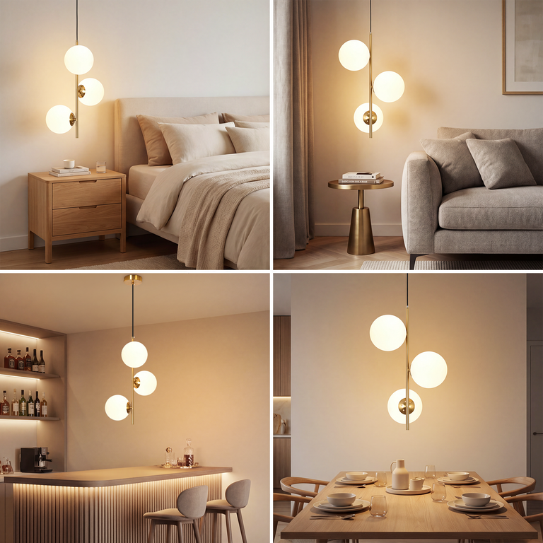 Moderne Hängelampe mit drei Glas-Leuchtkugeln in verschiedenen Wohnräumen wie Schlafzimmer und Essbereich.