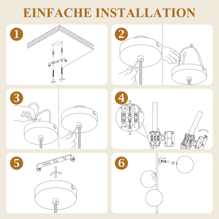 Sechsschr Schritte Installationsanleitung zur Montage einer Hängeleuchte an der Decke.