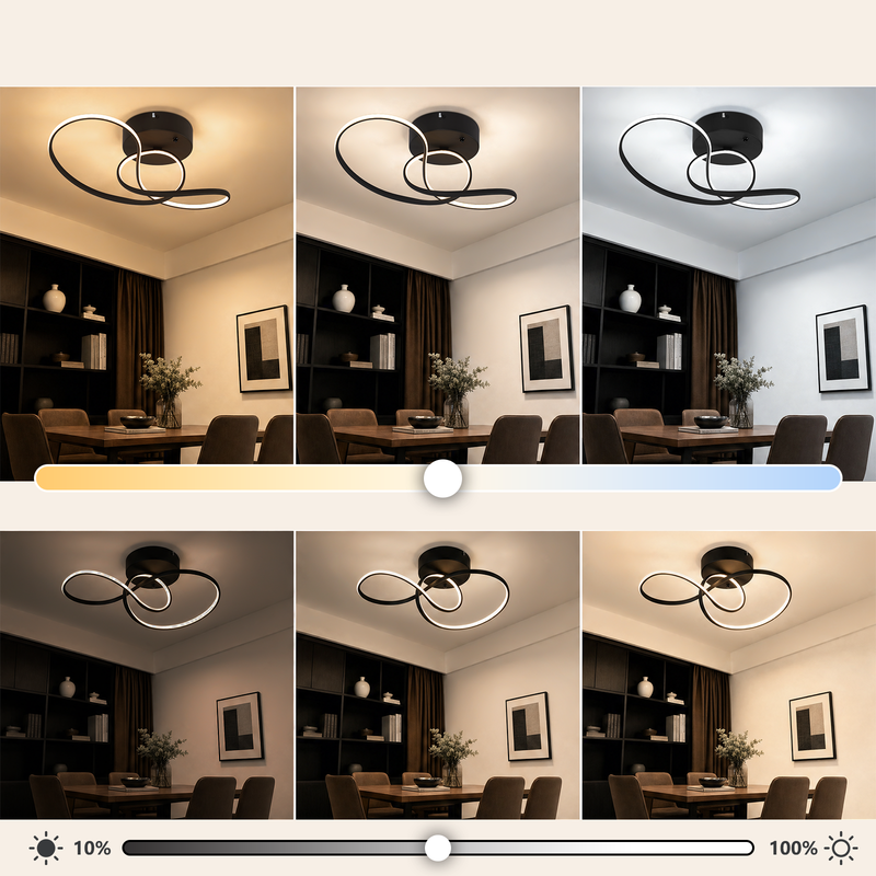 Sechs Bilder zeigen eine schwarze moderne Deckenlampe in einem Esszimmer mit unterschiedlichen Lichtfarben und Helligkeiten.