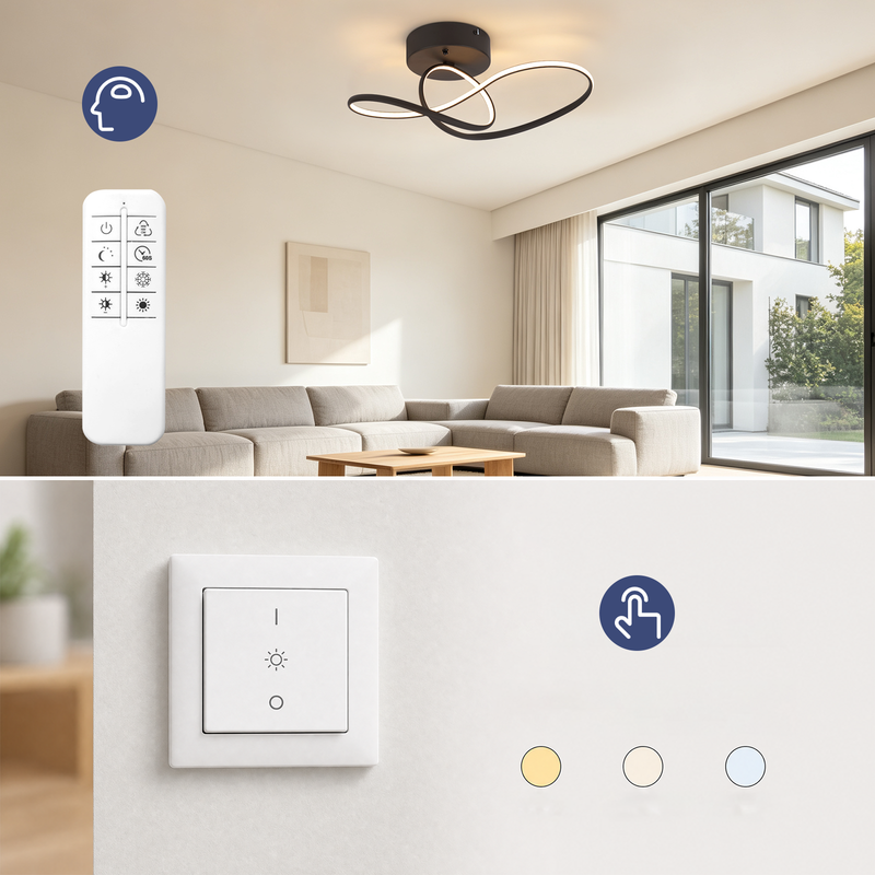 Moderne Deckenlampe in Wohnzimmer mit Fernbedienung und Wandschalter.