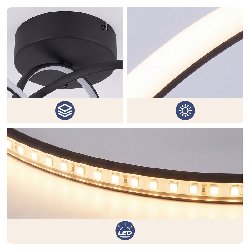 Nahaufnahmen einer schwarzen LED-Deckenleuchte, die die Basis, die Lichtleiste und die verbauten LEDs zeigen.