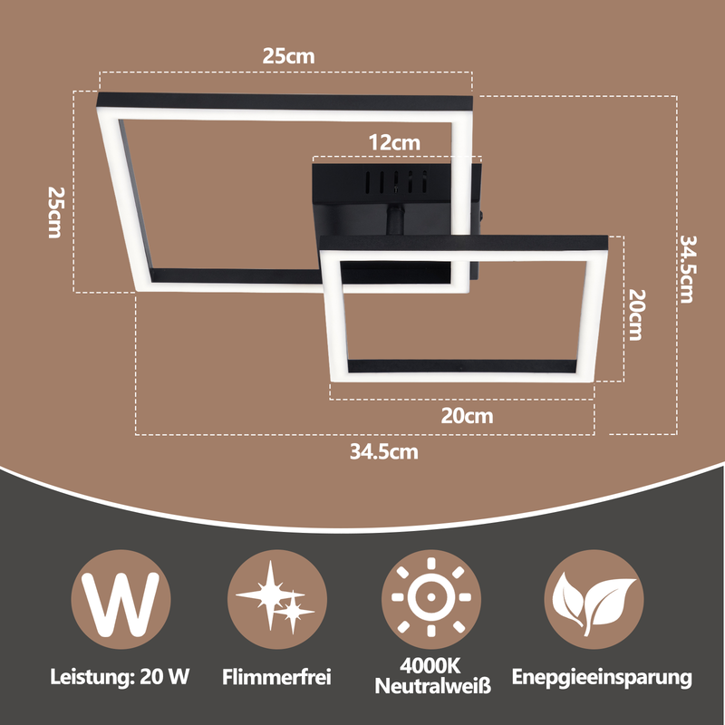 Technische Zeichnung einer quadratischen LED-Deckenlampe mit Maßen und Icons für Leistung und Energieeinsparung.