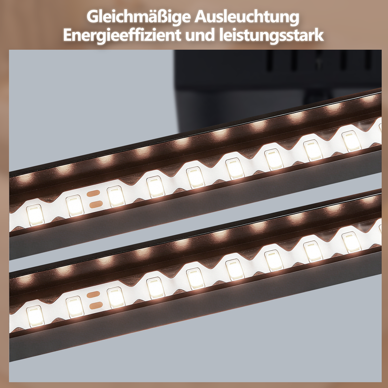 Zwei beleuchtete LED-Streifen in dunklen Profilen mit Text darüber.