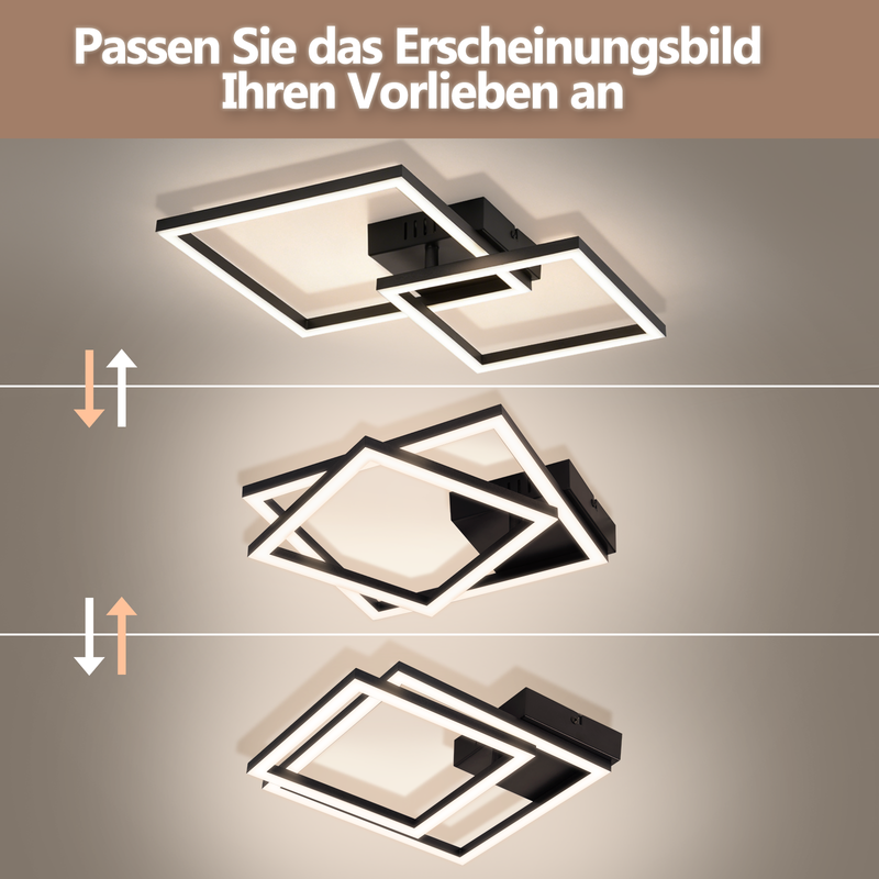 Moderne schwarze LED-Deckenleuchte mit verstellbaren quadratischen Rahmen.