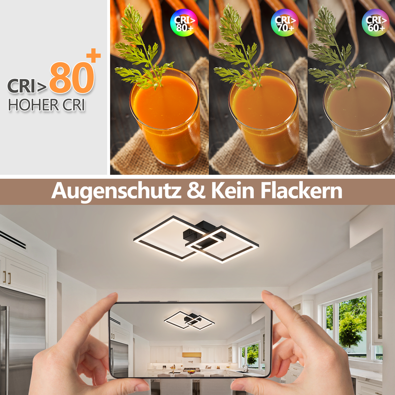Vergleich von Saftfarben bei verschiedenen CRI-Werten und eine Deckenleuchte im Wohnraum.
