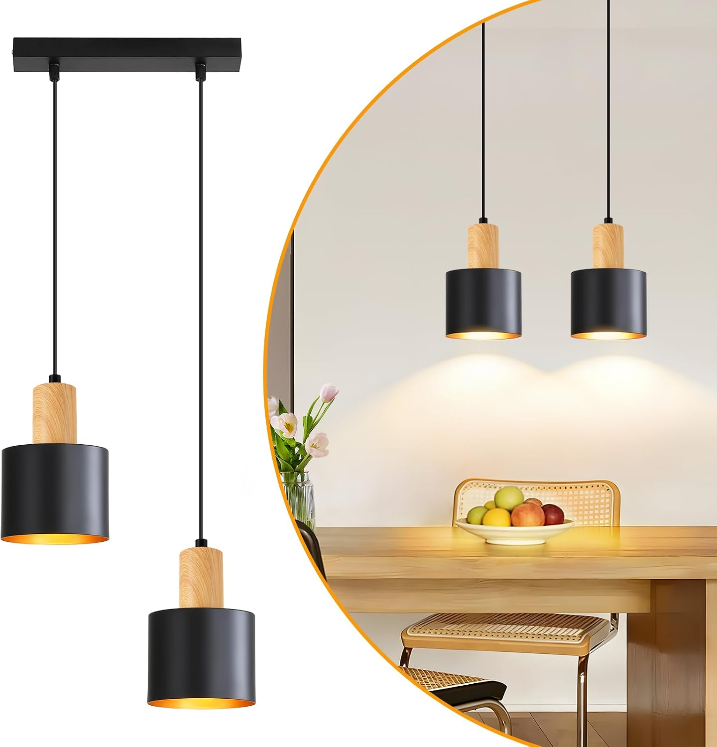 Zwei schwarze Holz-Hängeleuchten hängen über einem Esstisch mit Obst und Blumen.